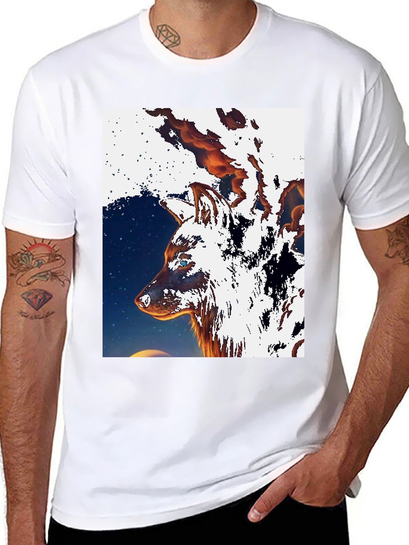 Fiery Wolf Graphic Tee - Black Cotton T-Shirt