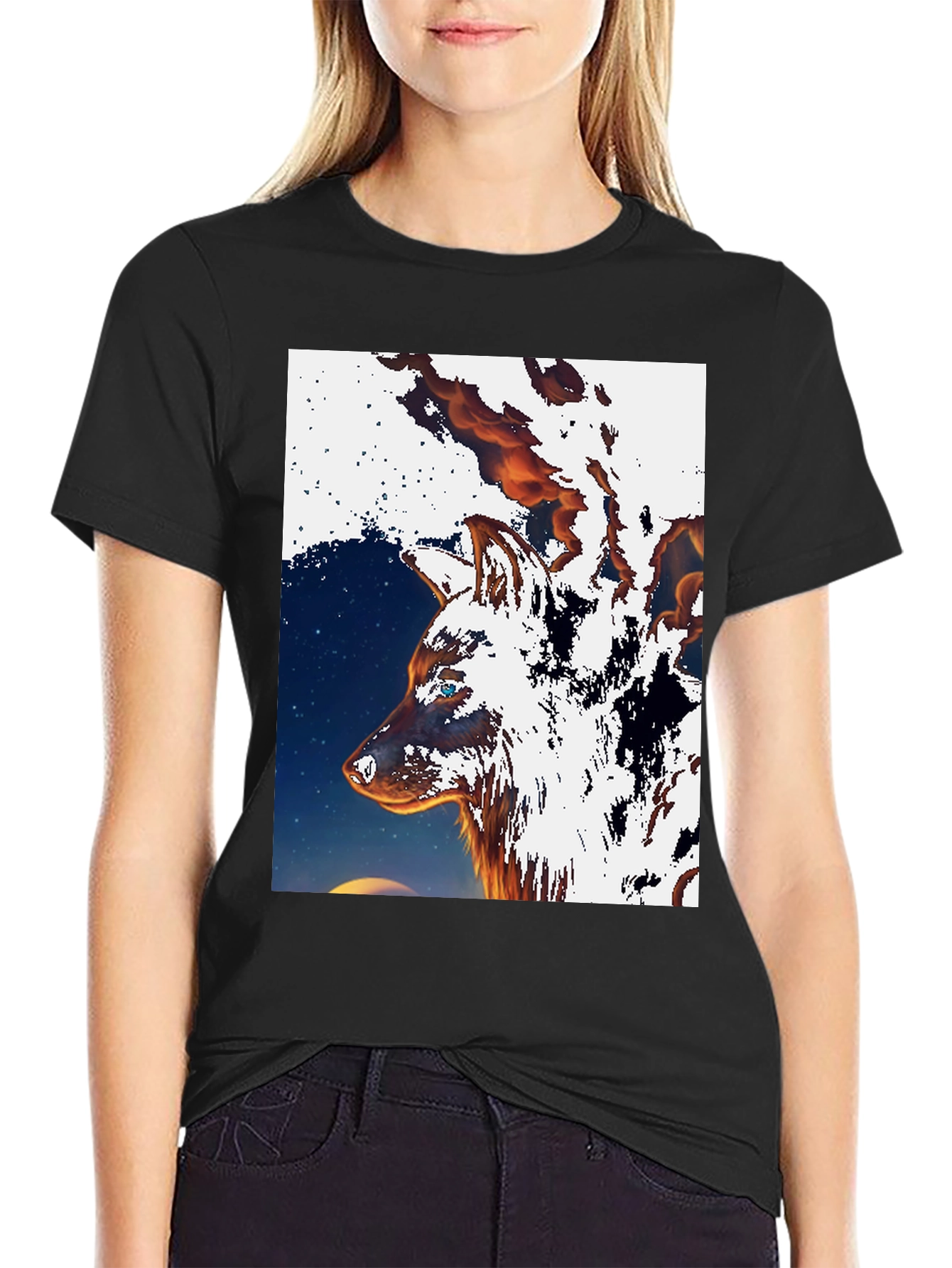 Fiery Wolf Graphic Tee - Black Cotton T-Shirt