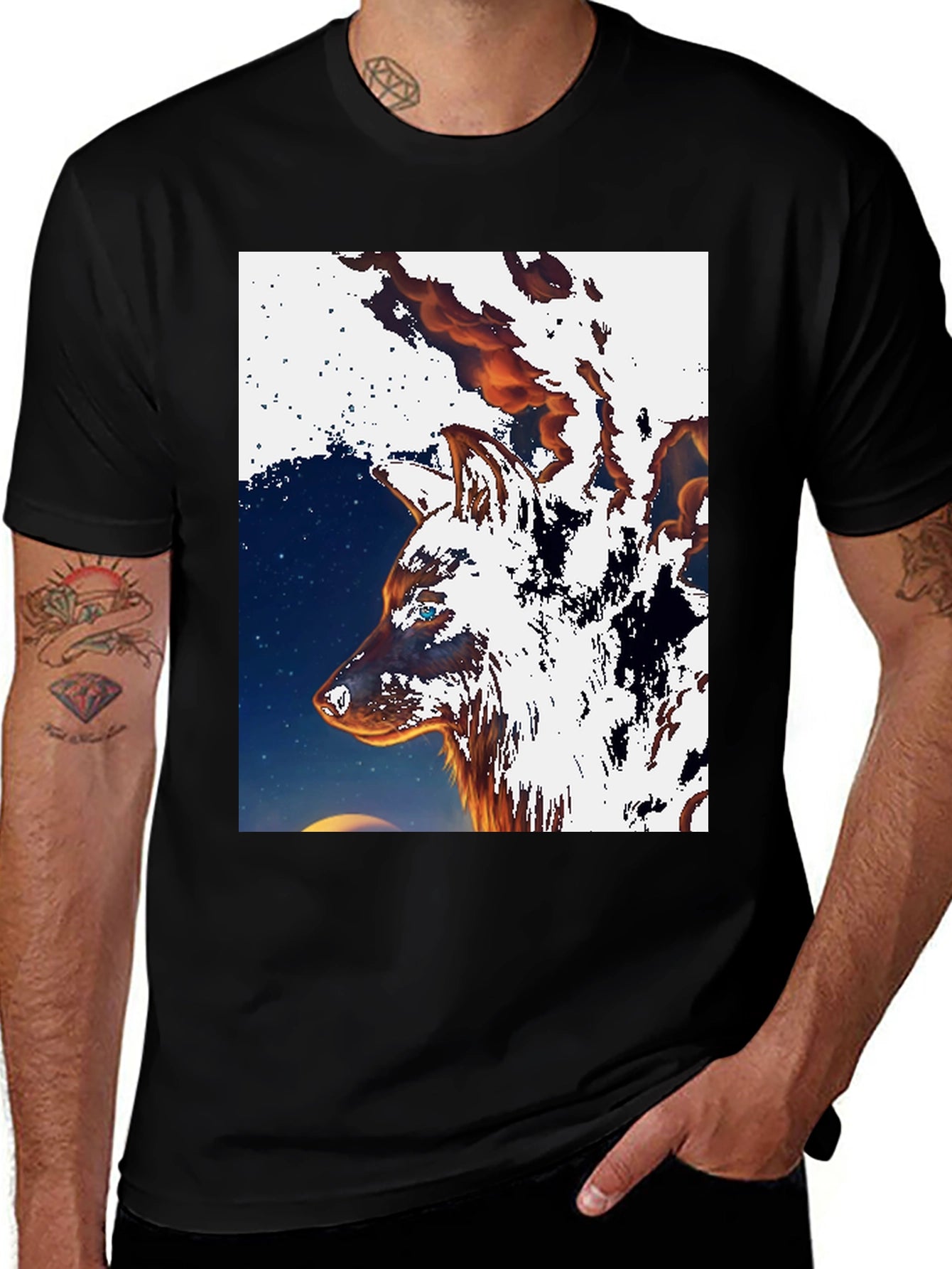 Fiery Wolf Graphic Tee - Black Cotton T-Shirt