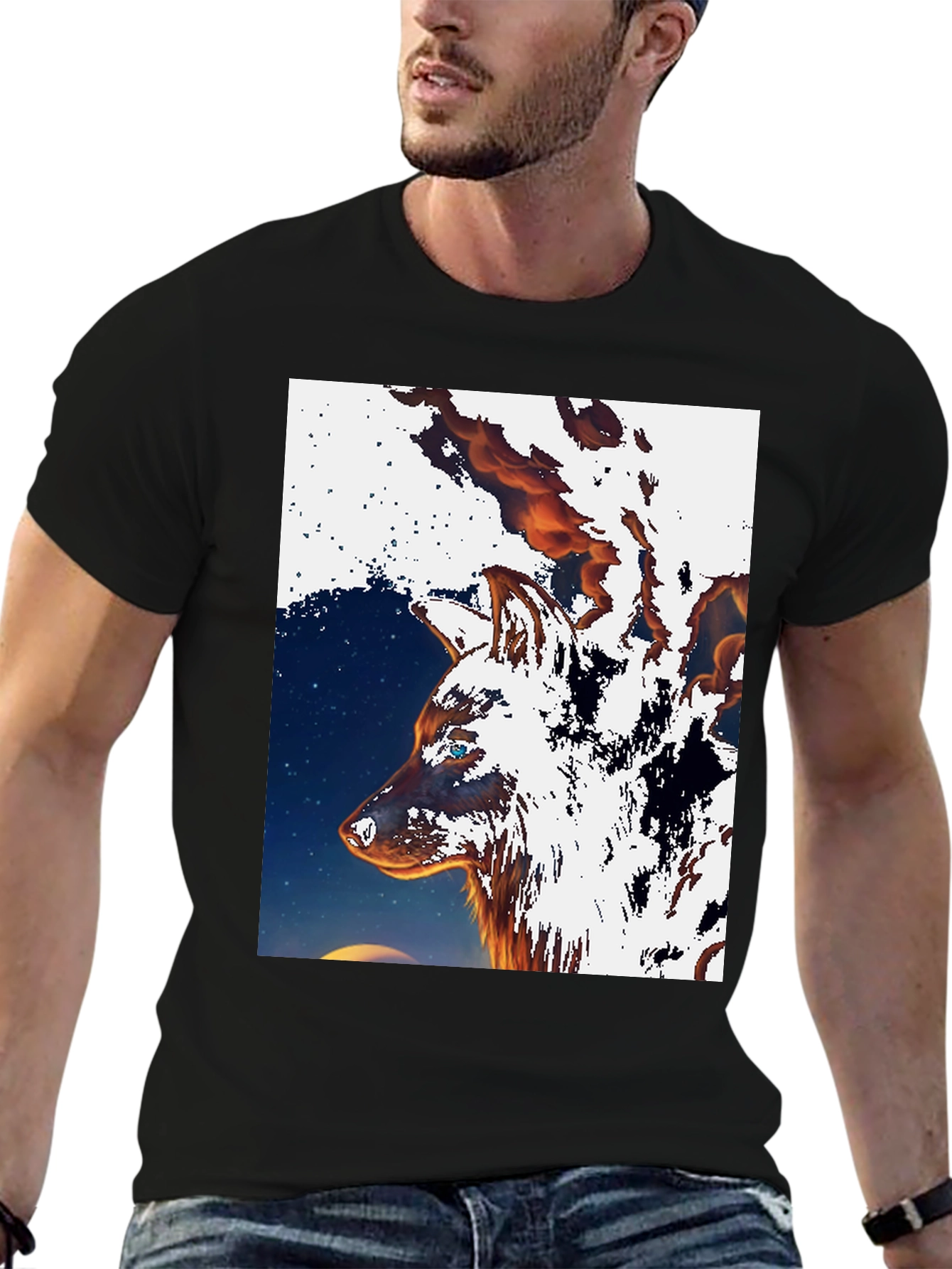 Fiery Wolf Graphic Tee - Black Cotton T-Shirt