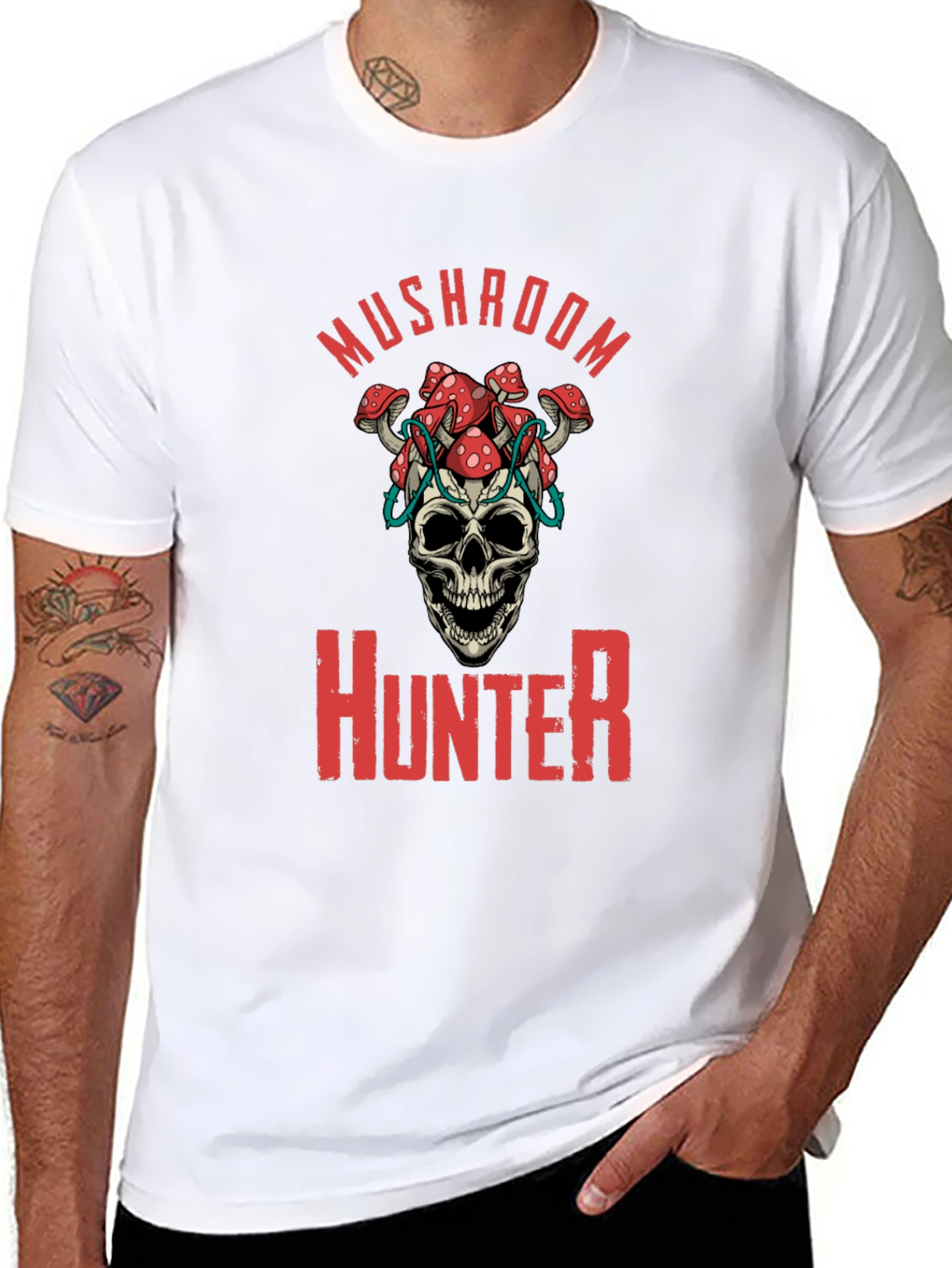 Mushroom Hunter Graphic Tee - Skull & Fungi Design