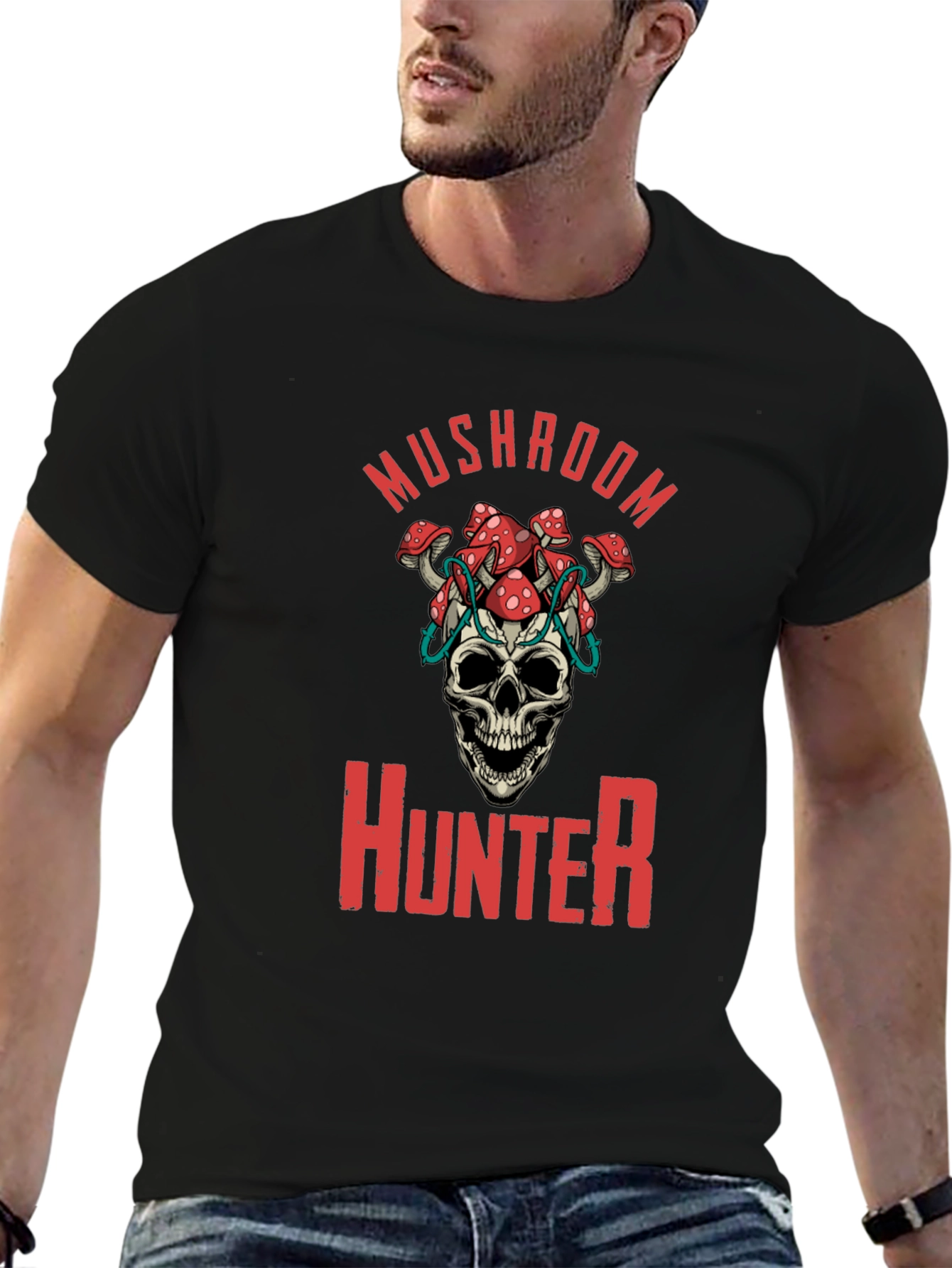 Mushroom Hunter Graphic Tee - Skull & Fungi Design