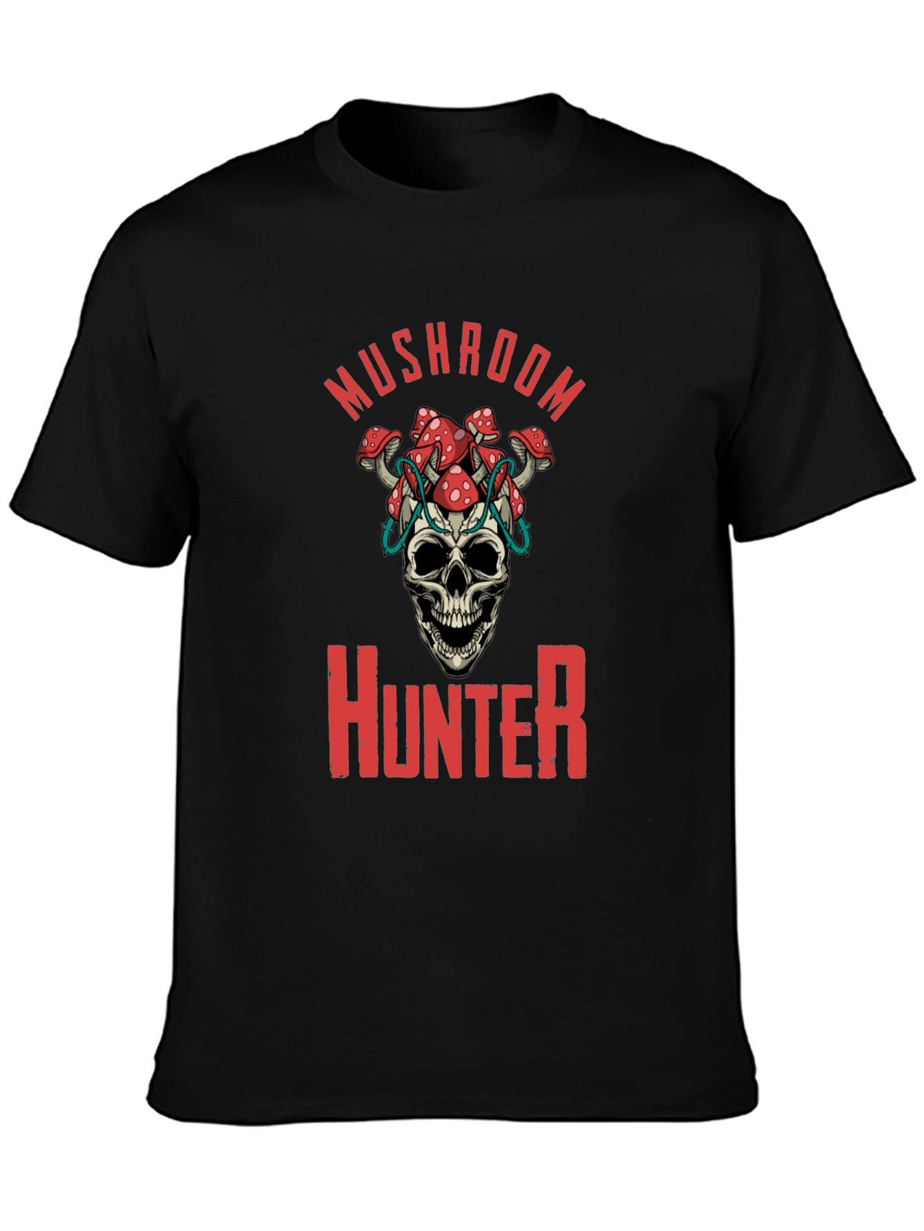 Mushroom Hunter Graphic Tee - Skull & Fungi Design