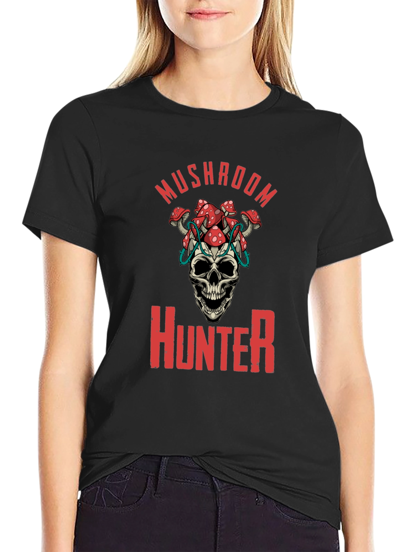 Mushroom Hunter Graphic Tee - Skull & Fungi Design