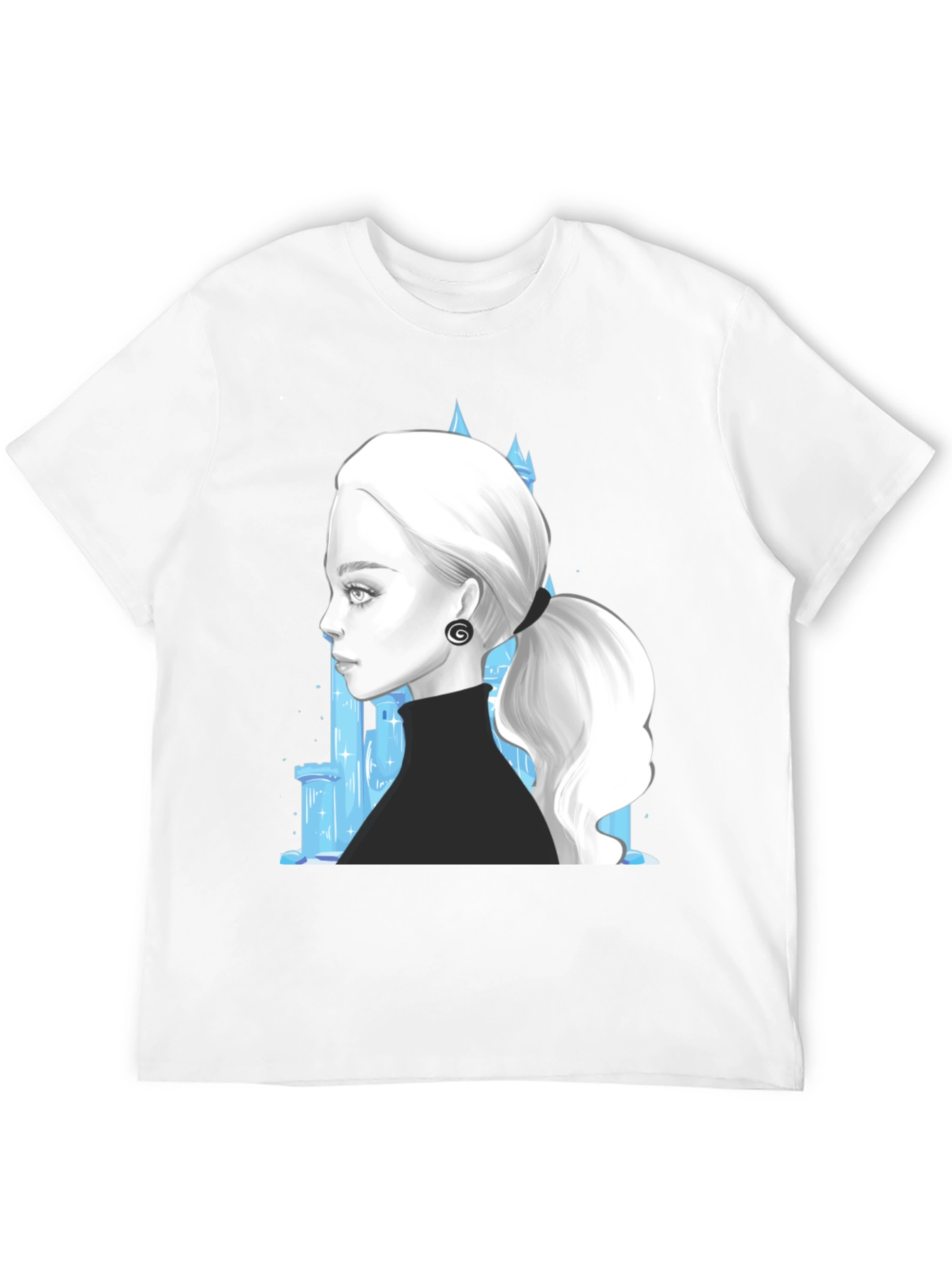 Elegant Woman & Ice Castle Graphic Black T-Shirt