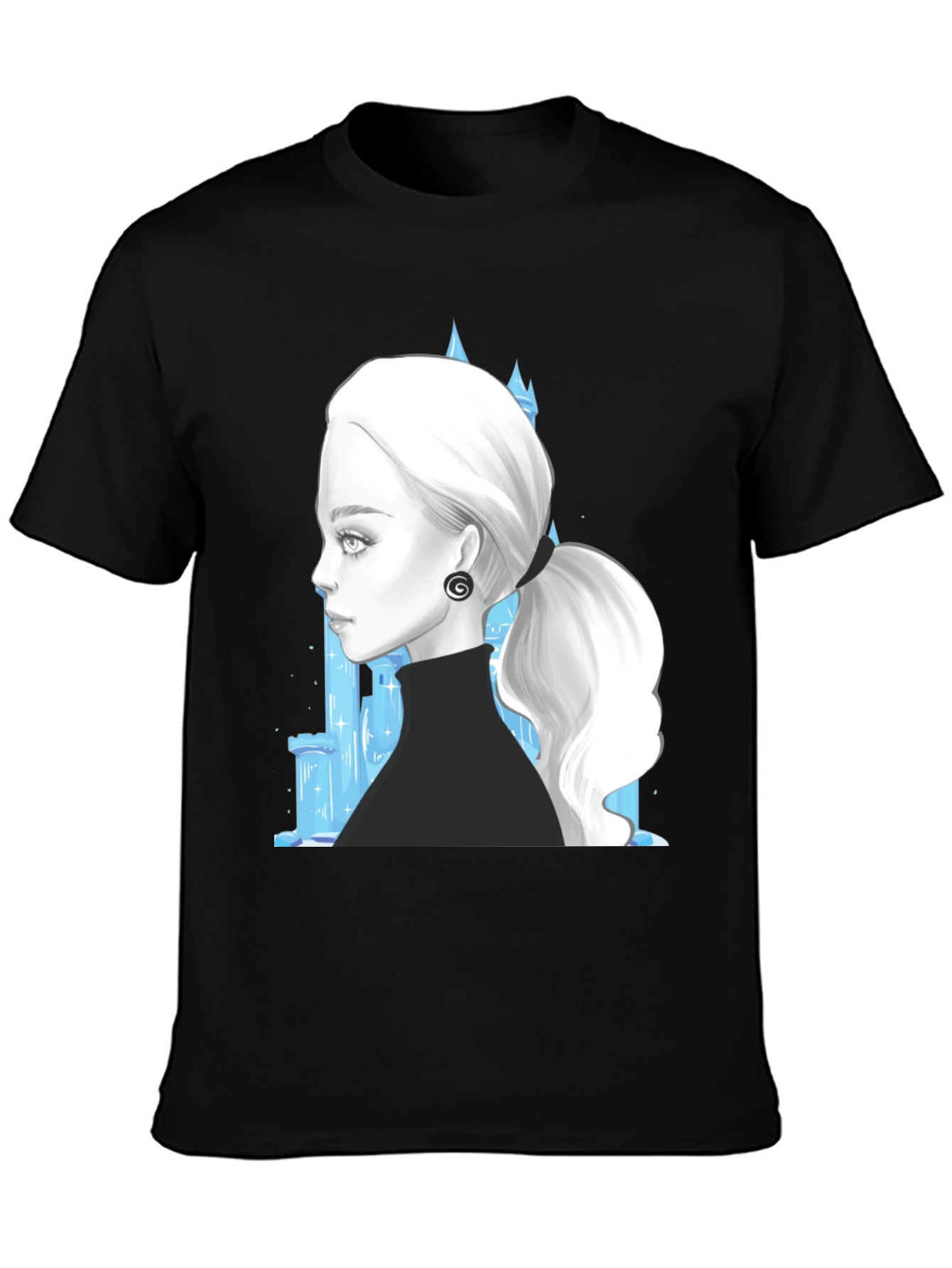 Elegant Woman & Ice Castle Graphic Black T-Shirt