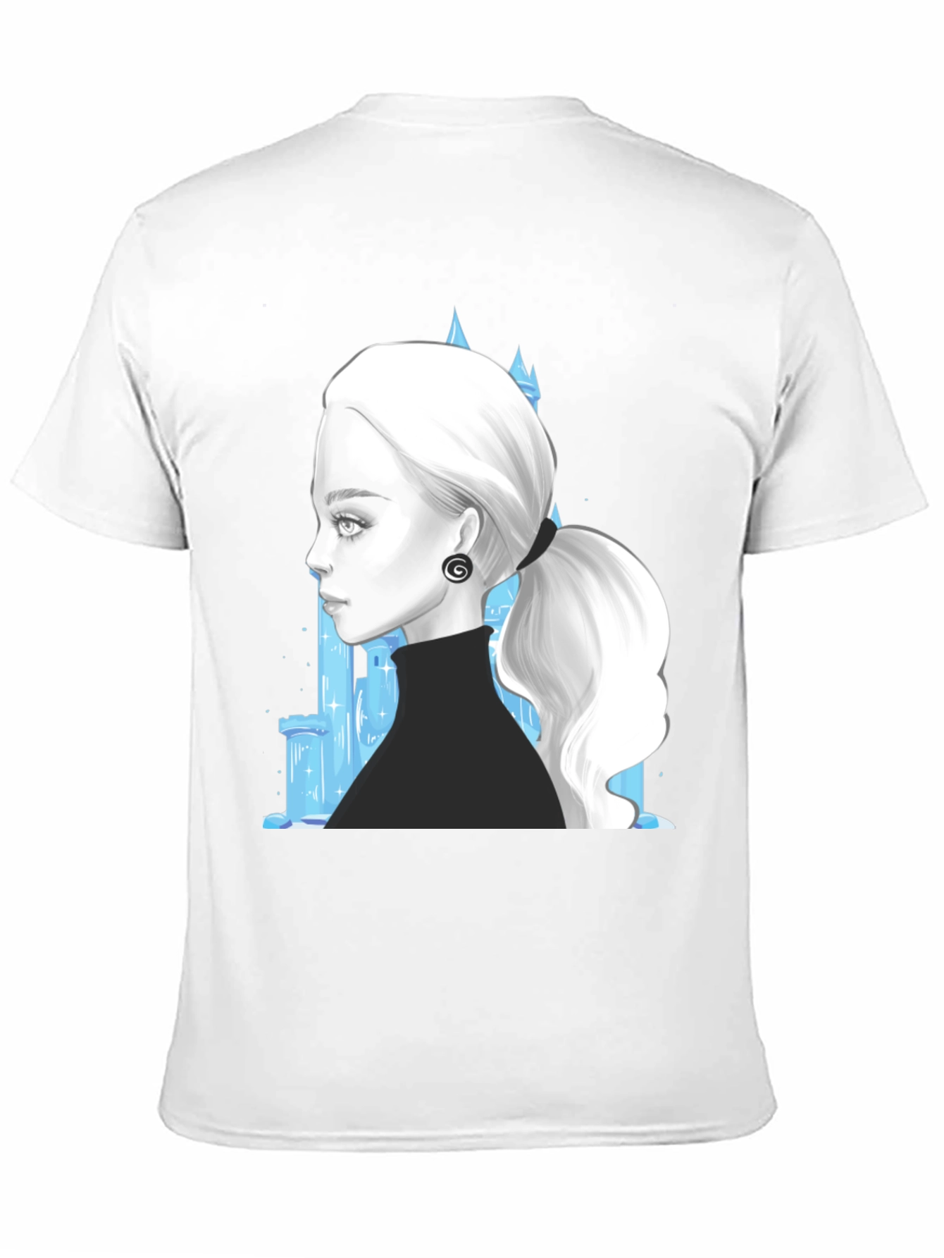 Elegant Woman & Ice Castle Graphic Black T-Shirt
