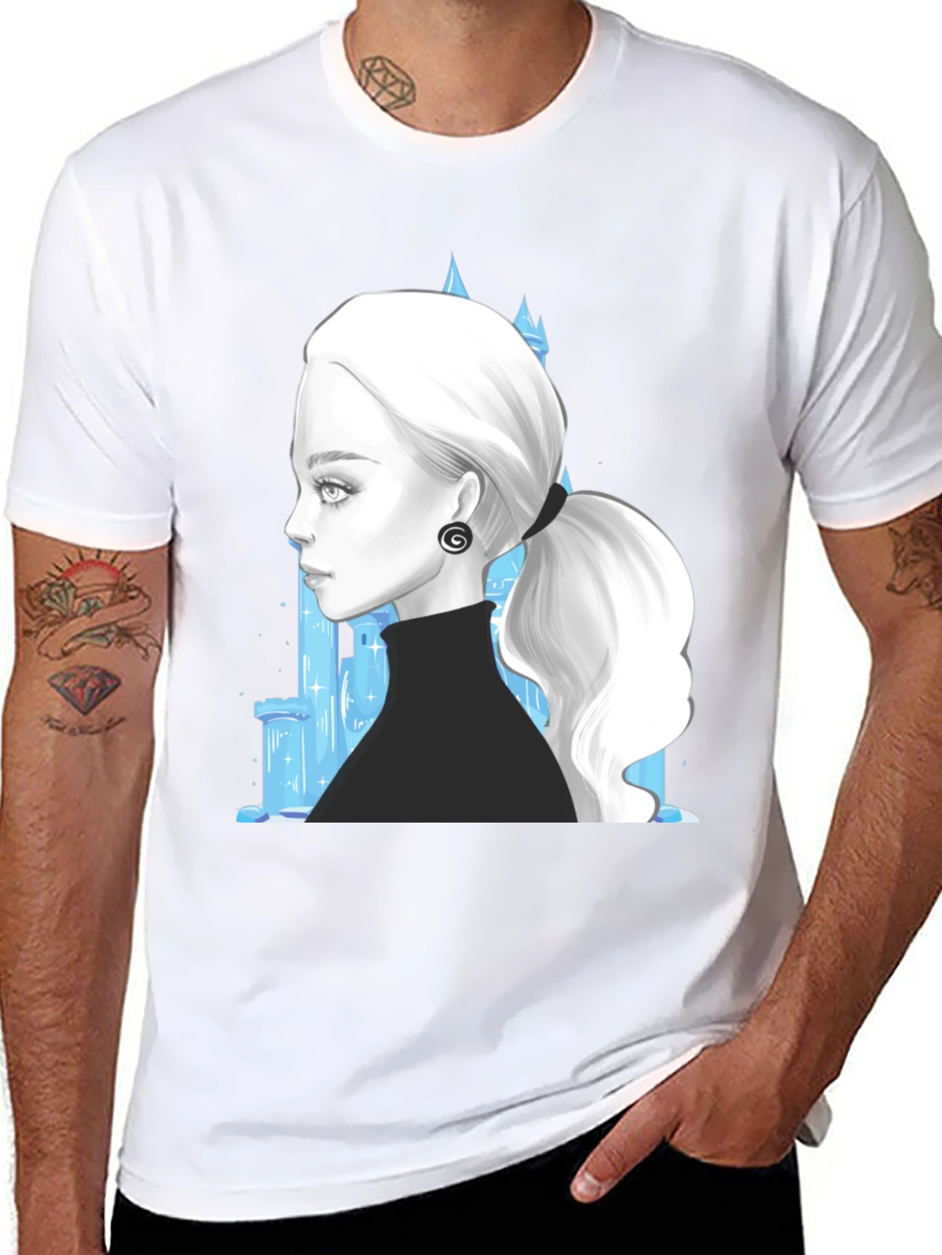 Elegant Woman & Ice Castle Graphic Black T-Shirt