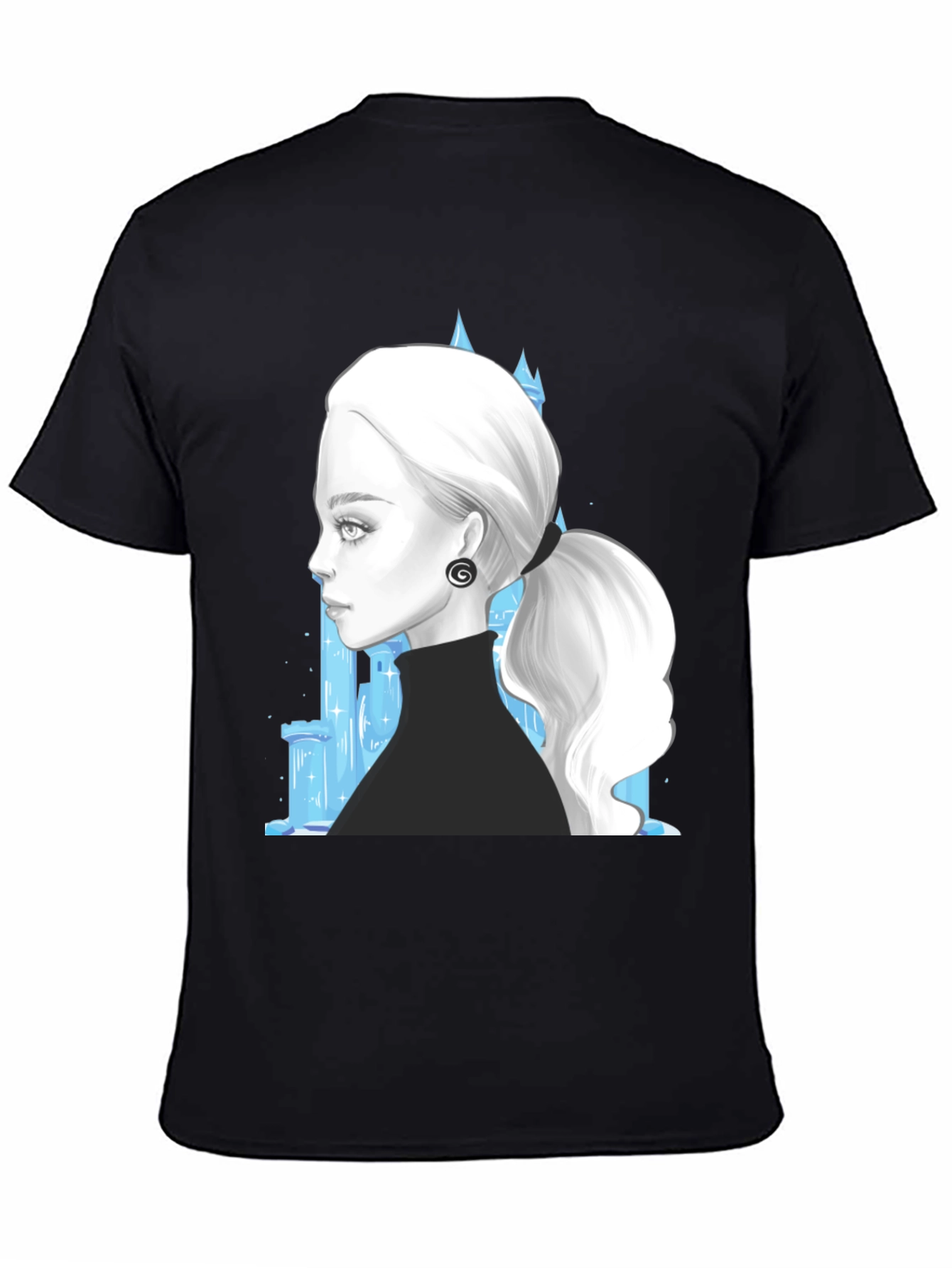 Elegant Woman & Ice Castle Graphic Black T-Shirt
