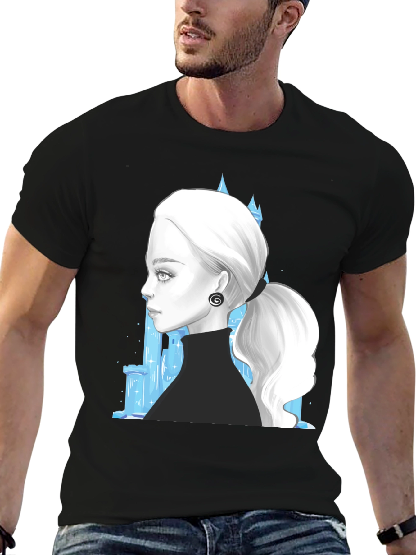 Elegant Woman & Ice Castle Graphic Black T-Shirt