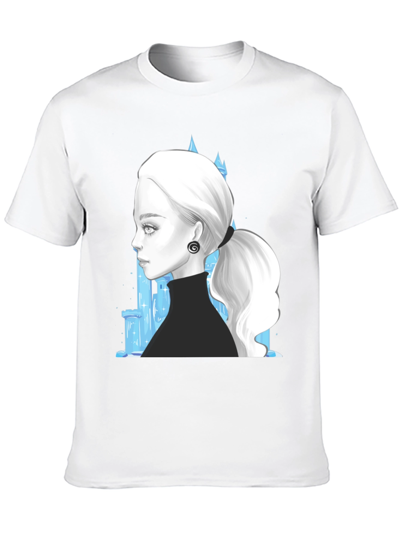 Elegant Woman & Ice Castle Graphic Black T-Shirt