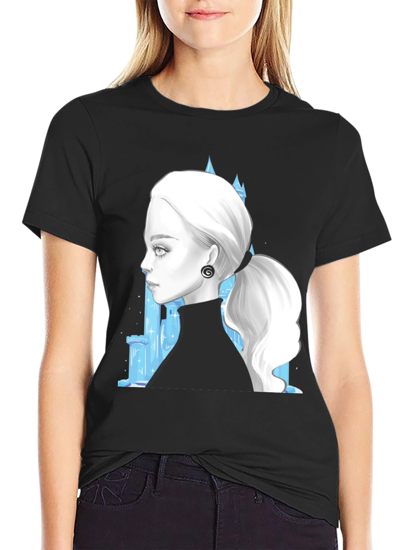 Elegant Woman & Ice Castle Graphic Black T-Shirt