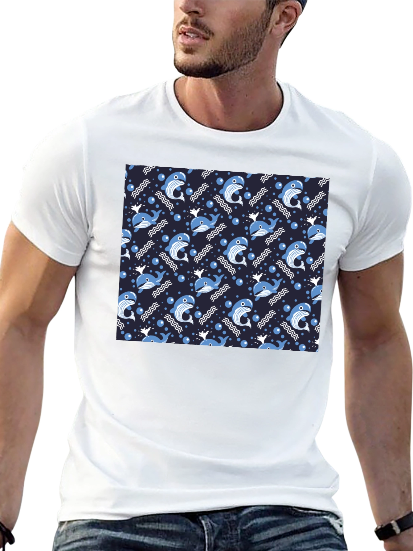 Whale Pattern Black T-Shirt