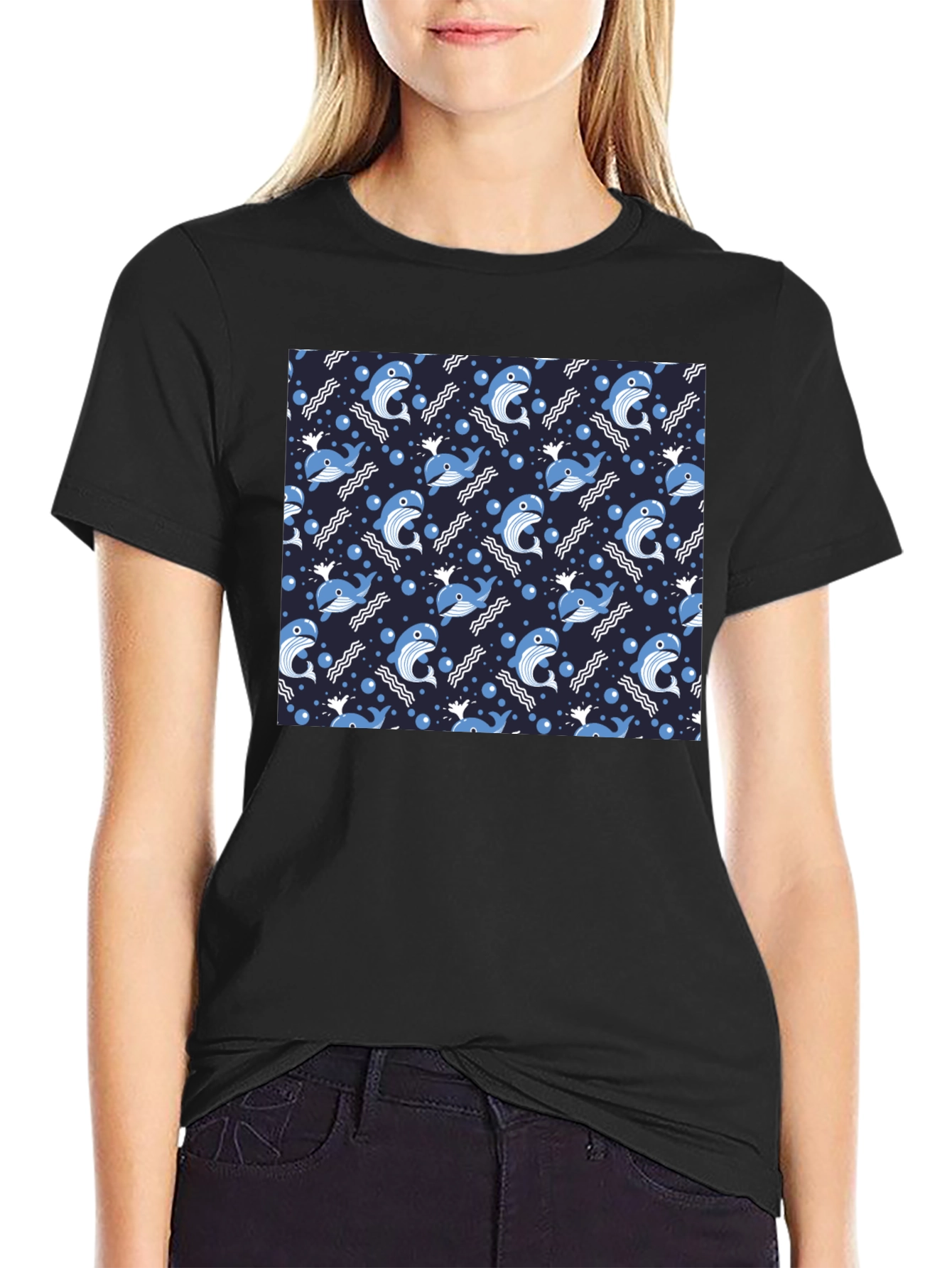 Whale Pattern Black T-Shirt