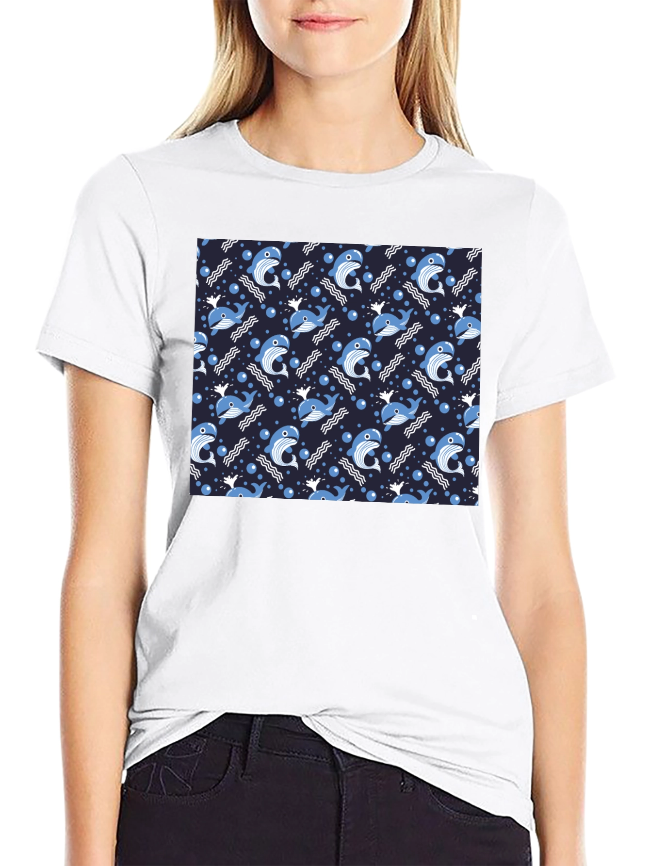 Whale Pattern Black T-Shirt
