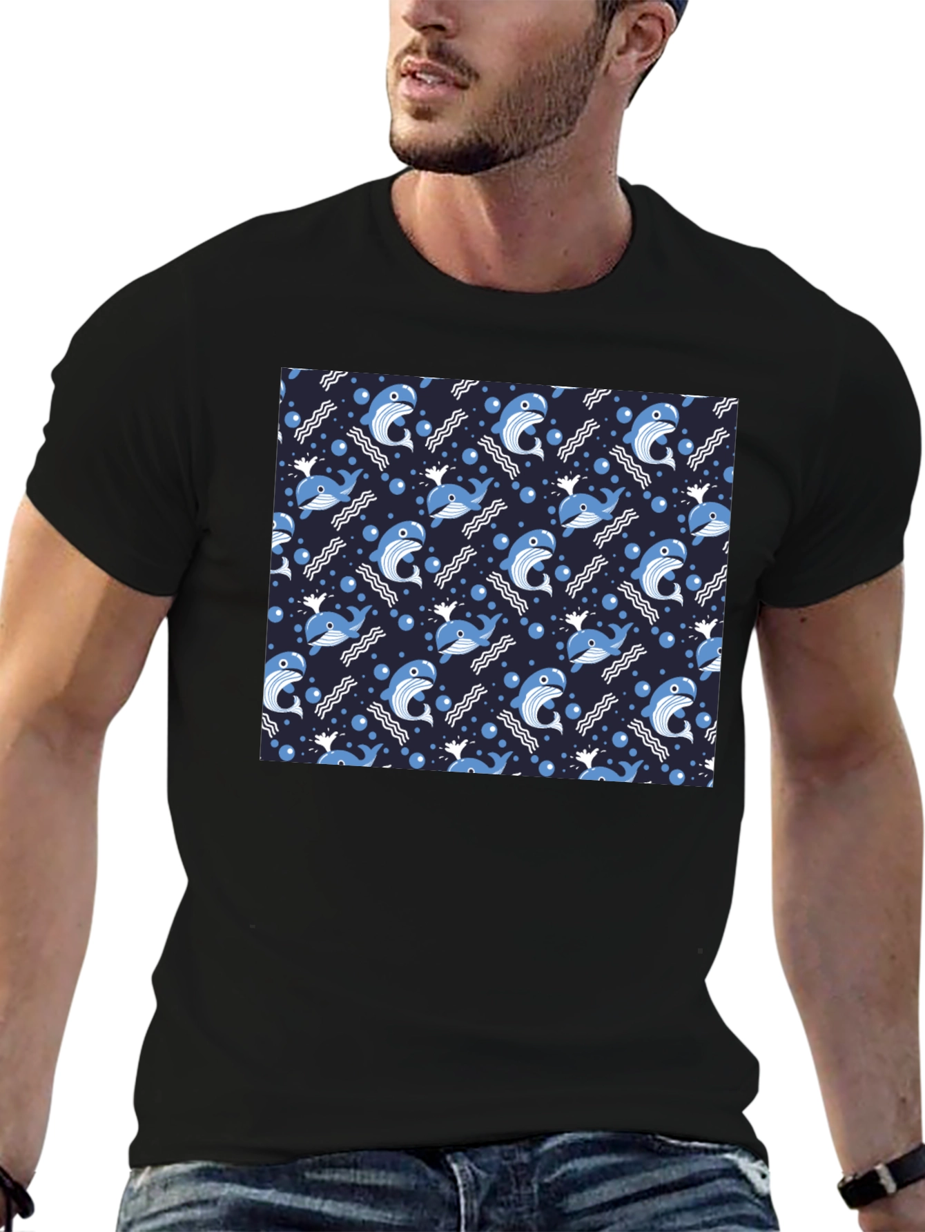 Whale Pattern Black T-Shirt