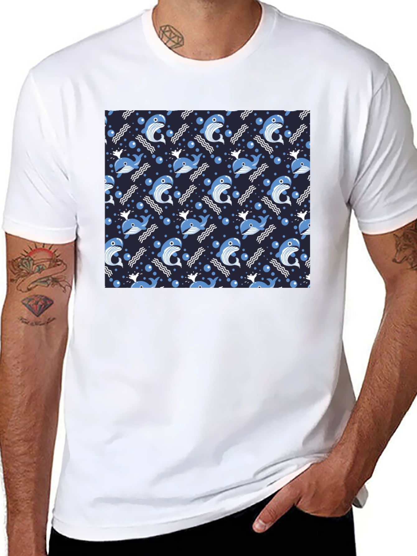 Whale Pattern Black T-Shirt