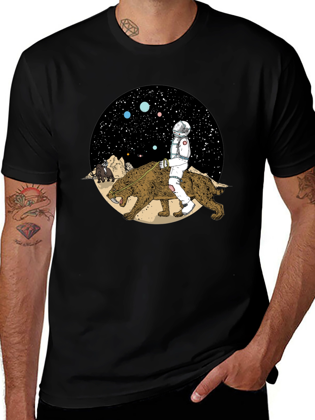 Astronaut Riding Saber-Toothed Tiger Graphic T-Shirt