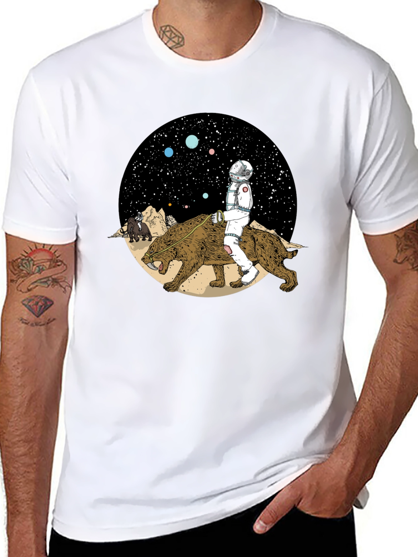 Astronaut Riding Saber-Toothed Tiger Graphic T-Shirt