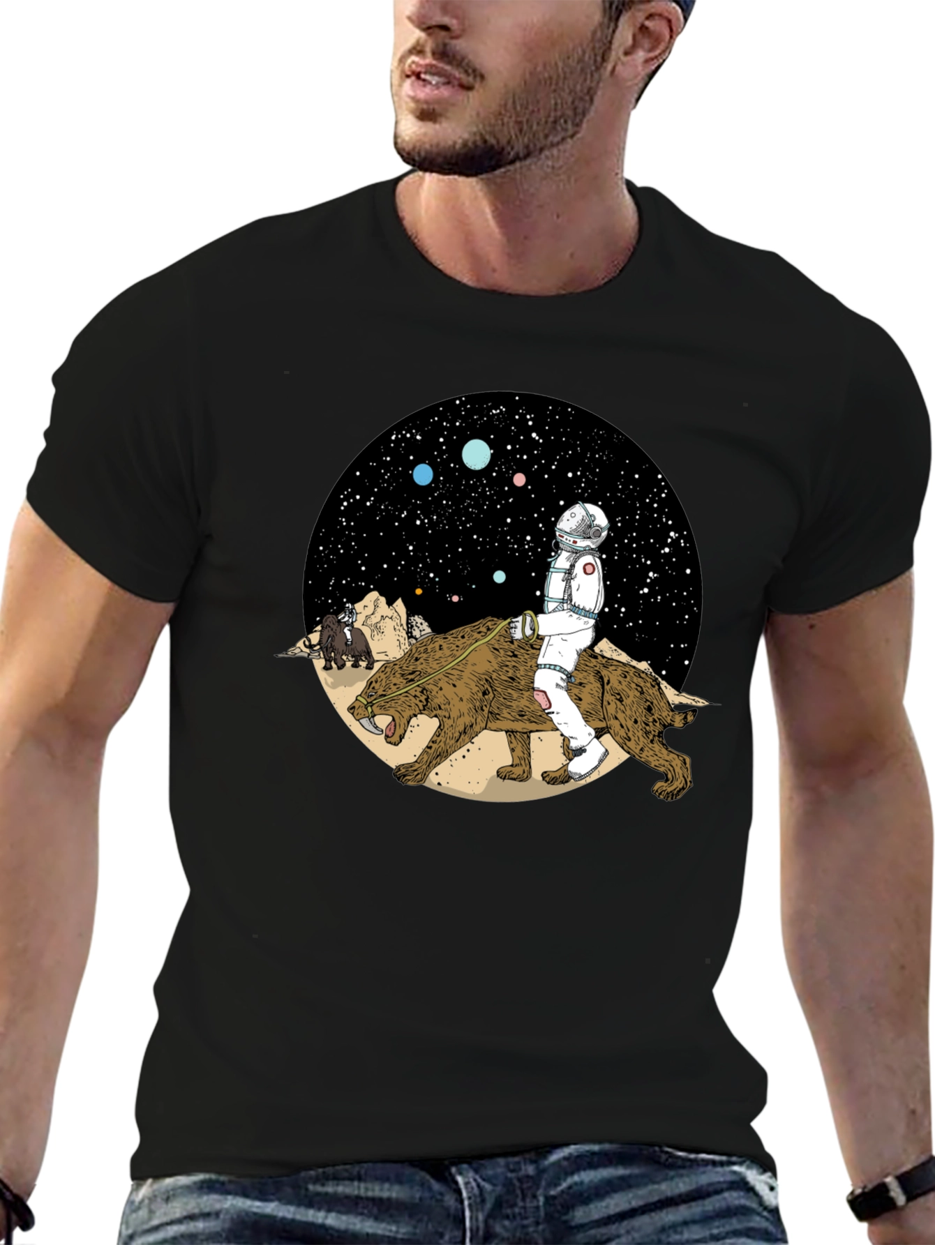 Astronaut Riding Saber-Toothed Tiger Graphic T-Shirt