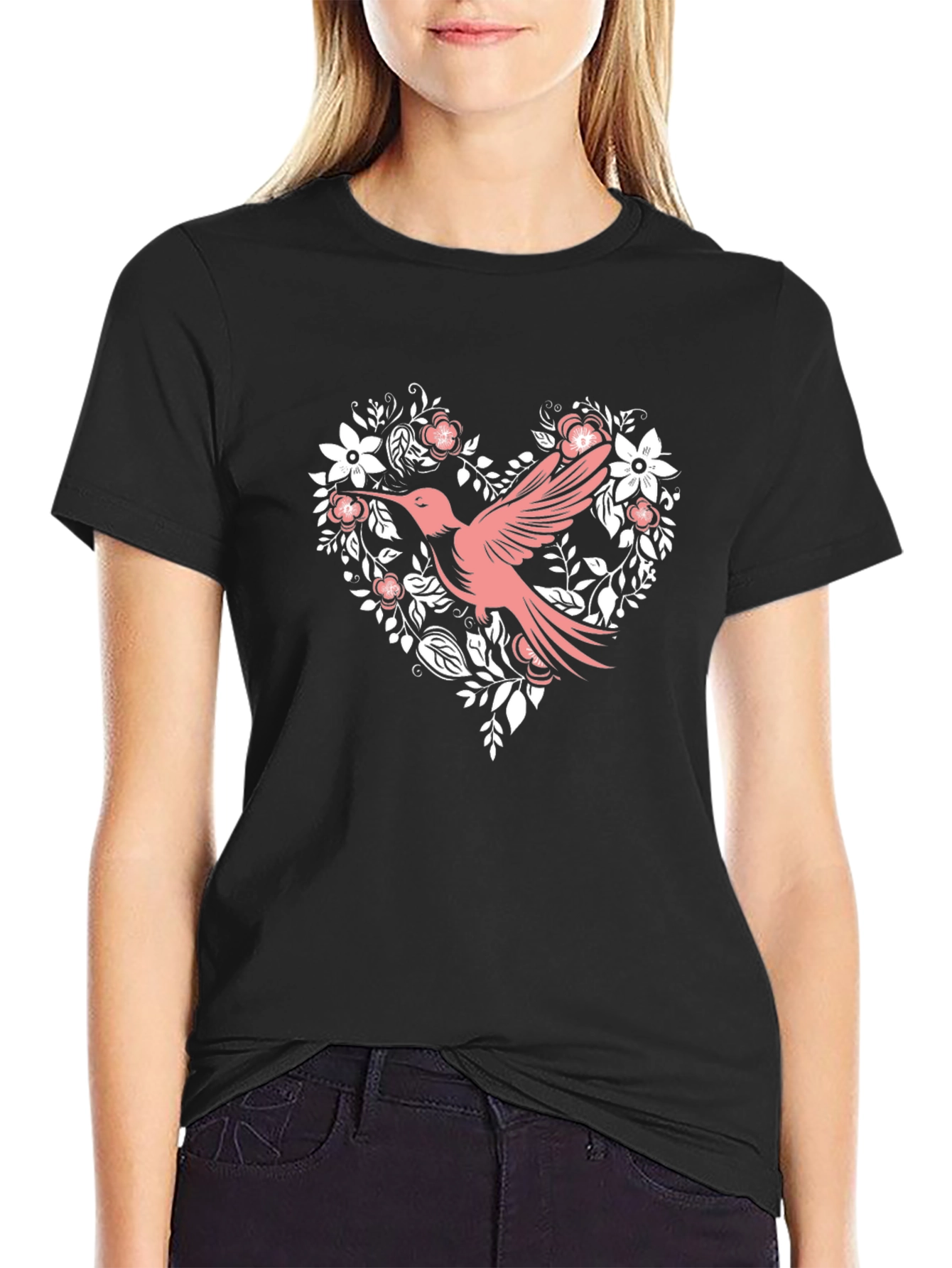 Hummingbird Floral Heart Black T-Shirt