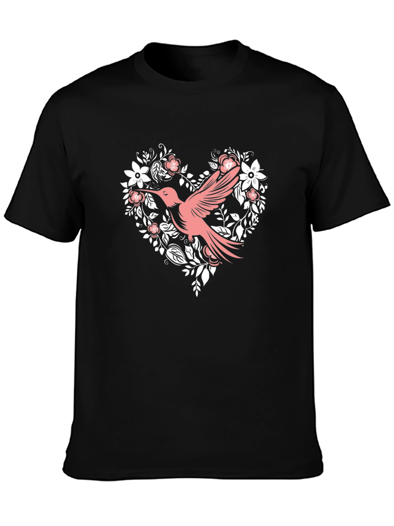 Hummingbird Floral Heart Black T-Shirt