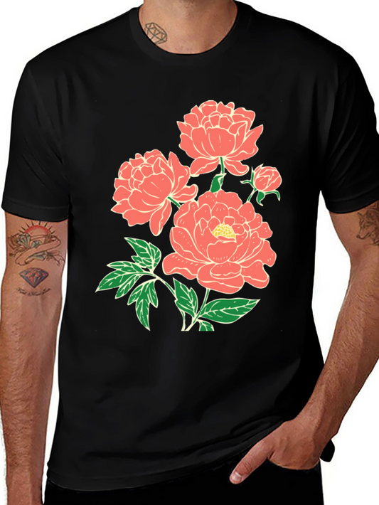 Floral Graphic T-Shirt - Black Cotton Tee with Peony Design