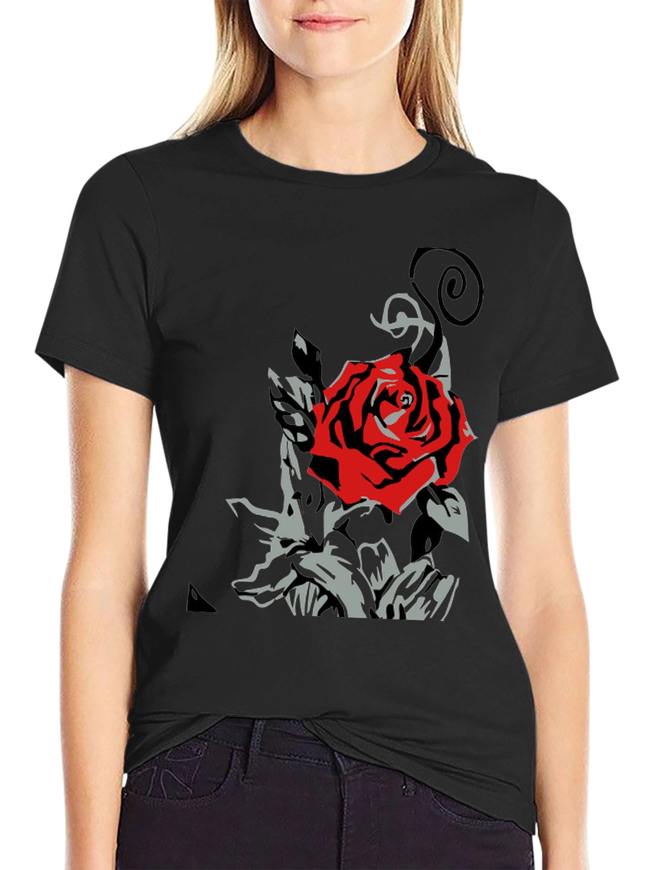 Red Rose Graphic T-Shirt - Stylish Black Tee