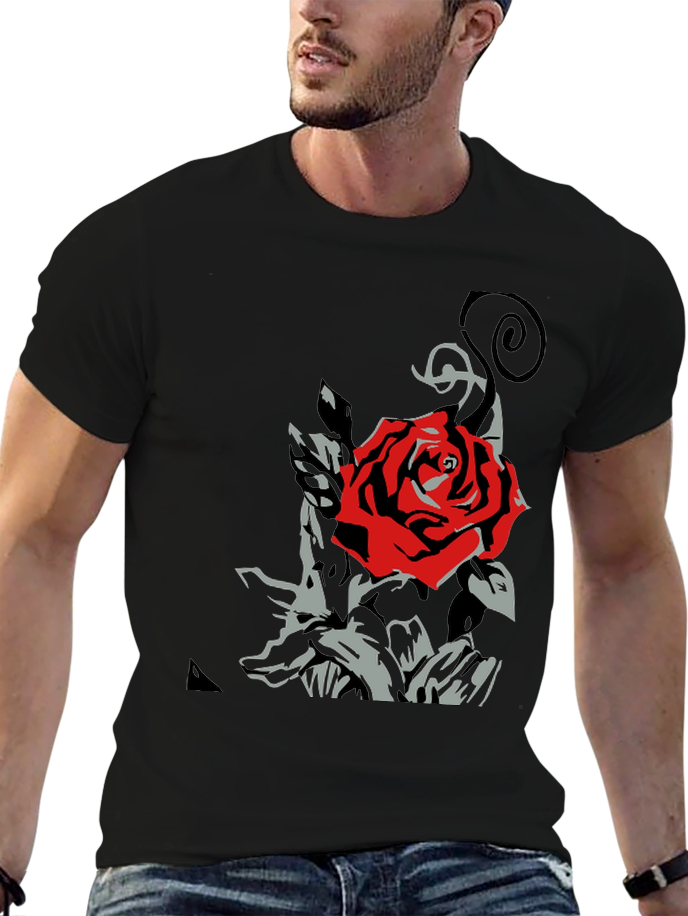 Red Rose Graphic T-Shirt - Stylish Black Tee