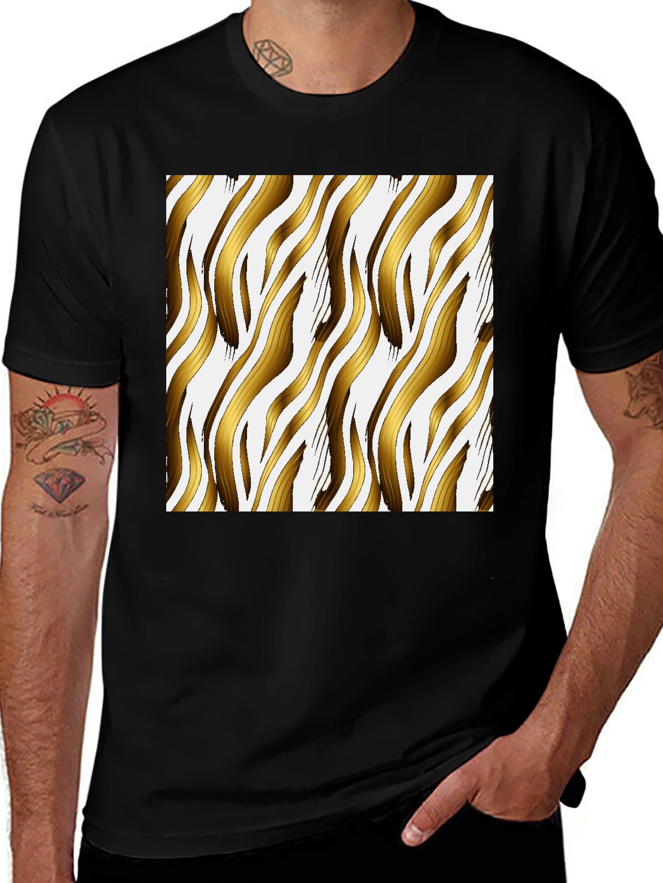 Gold Zebra Striped Graphic Print Black T-Shirt