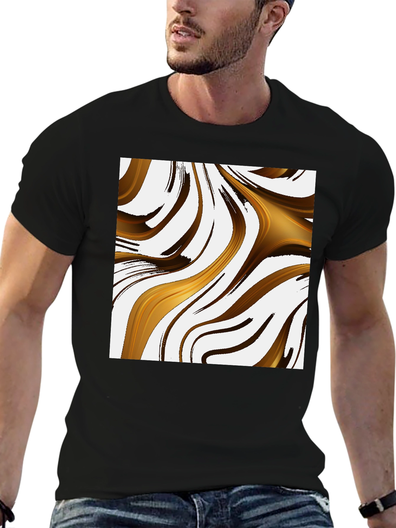 Abstract Gold Swirl Black T-Shirt