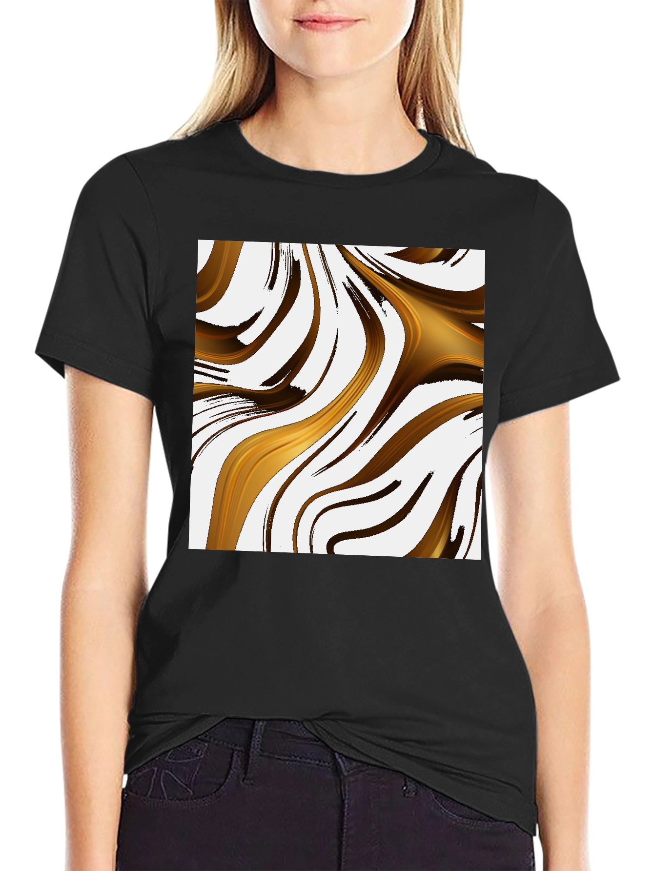 Abstract Gold Swirl Black T-Shirt