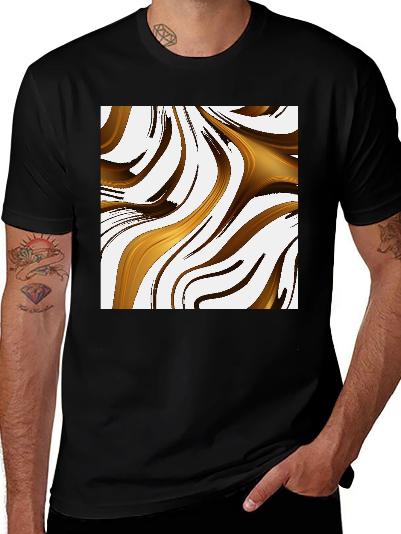 Abstract Gold Swirl Black T-Shirt