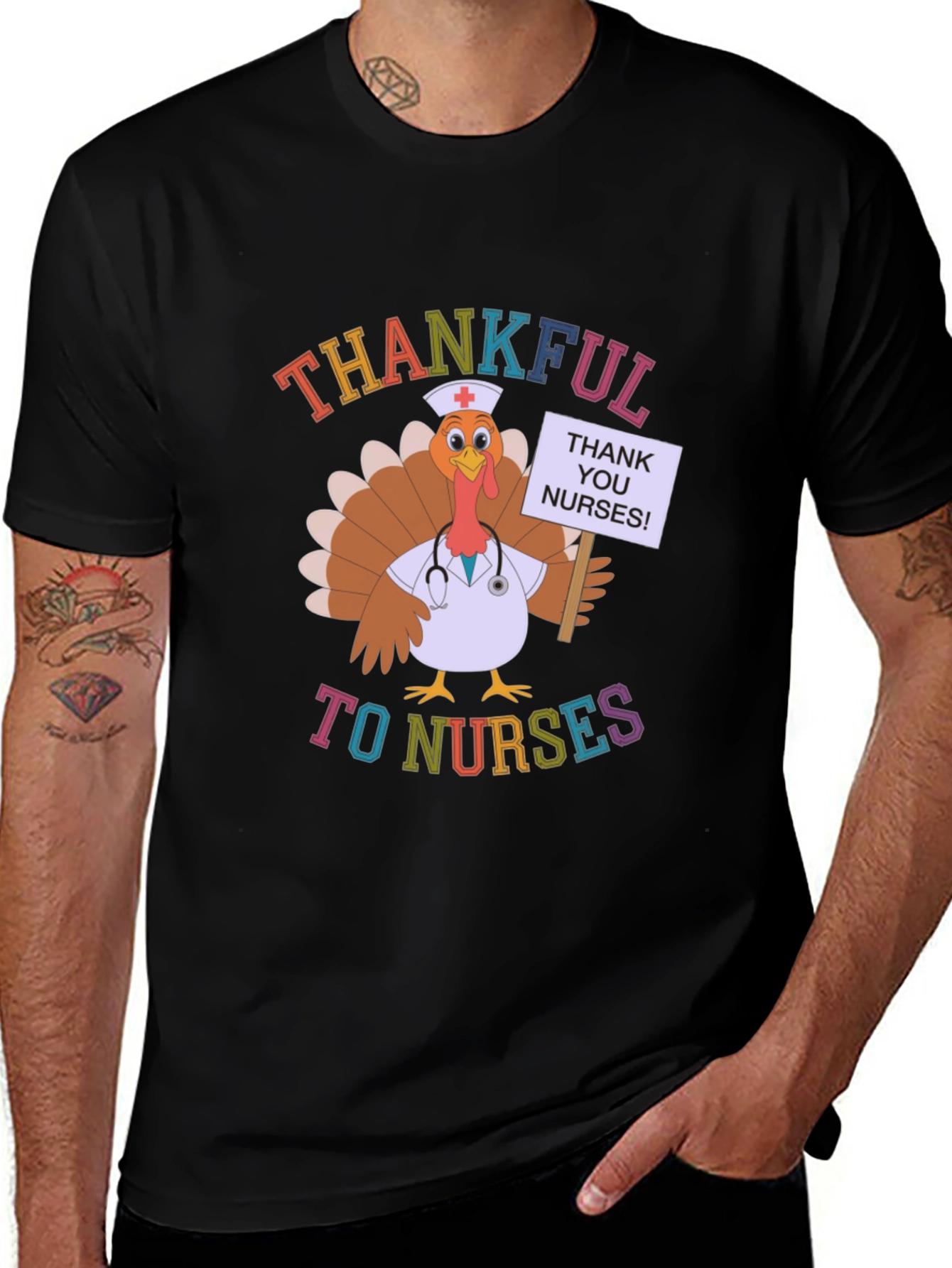 Thankful to Nurses Turkey Thanksgiving Black T-Shirt