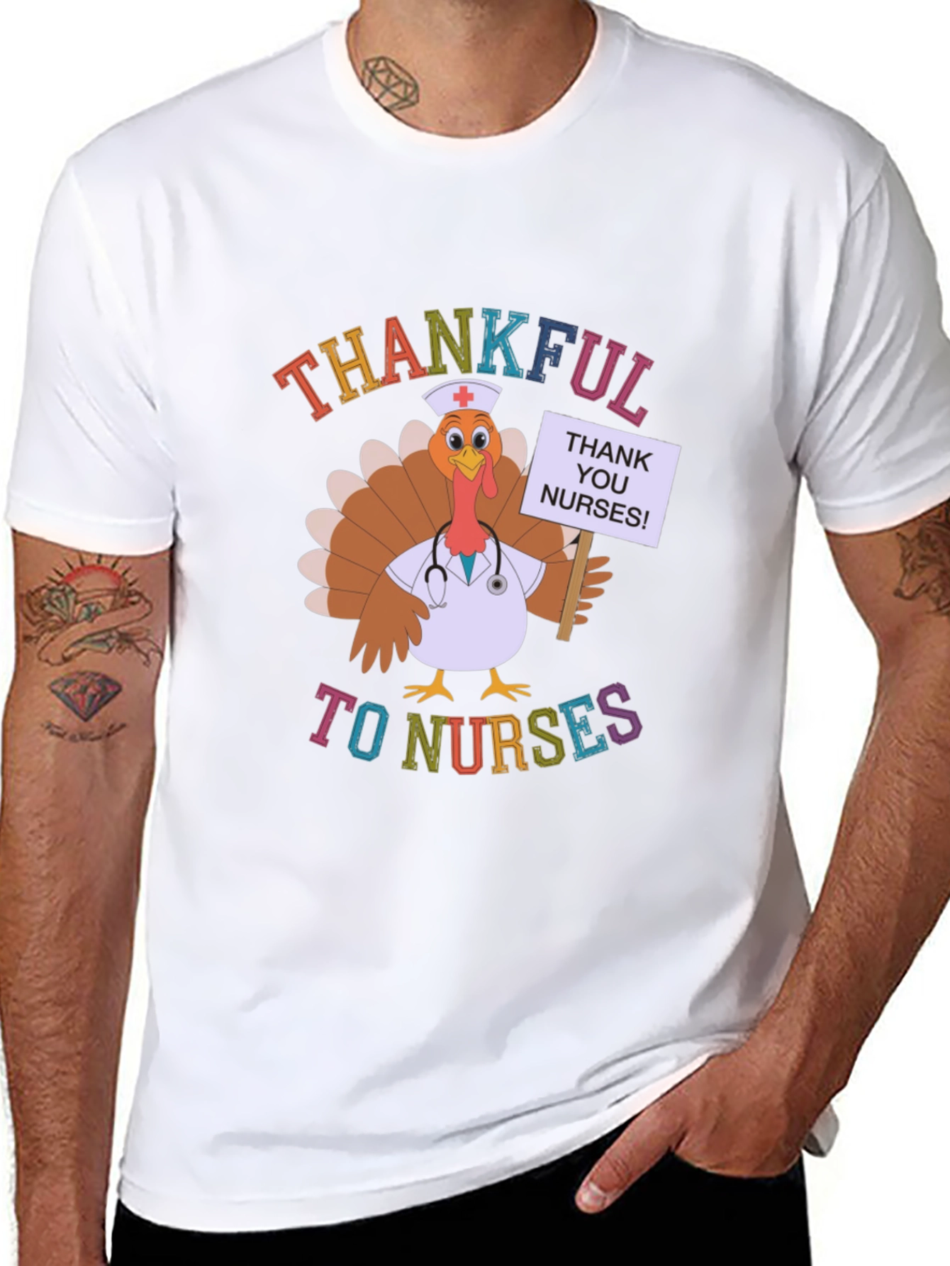 Thankful to Nurses Turkey Thanksgiving Black T-Shirt