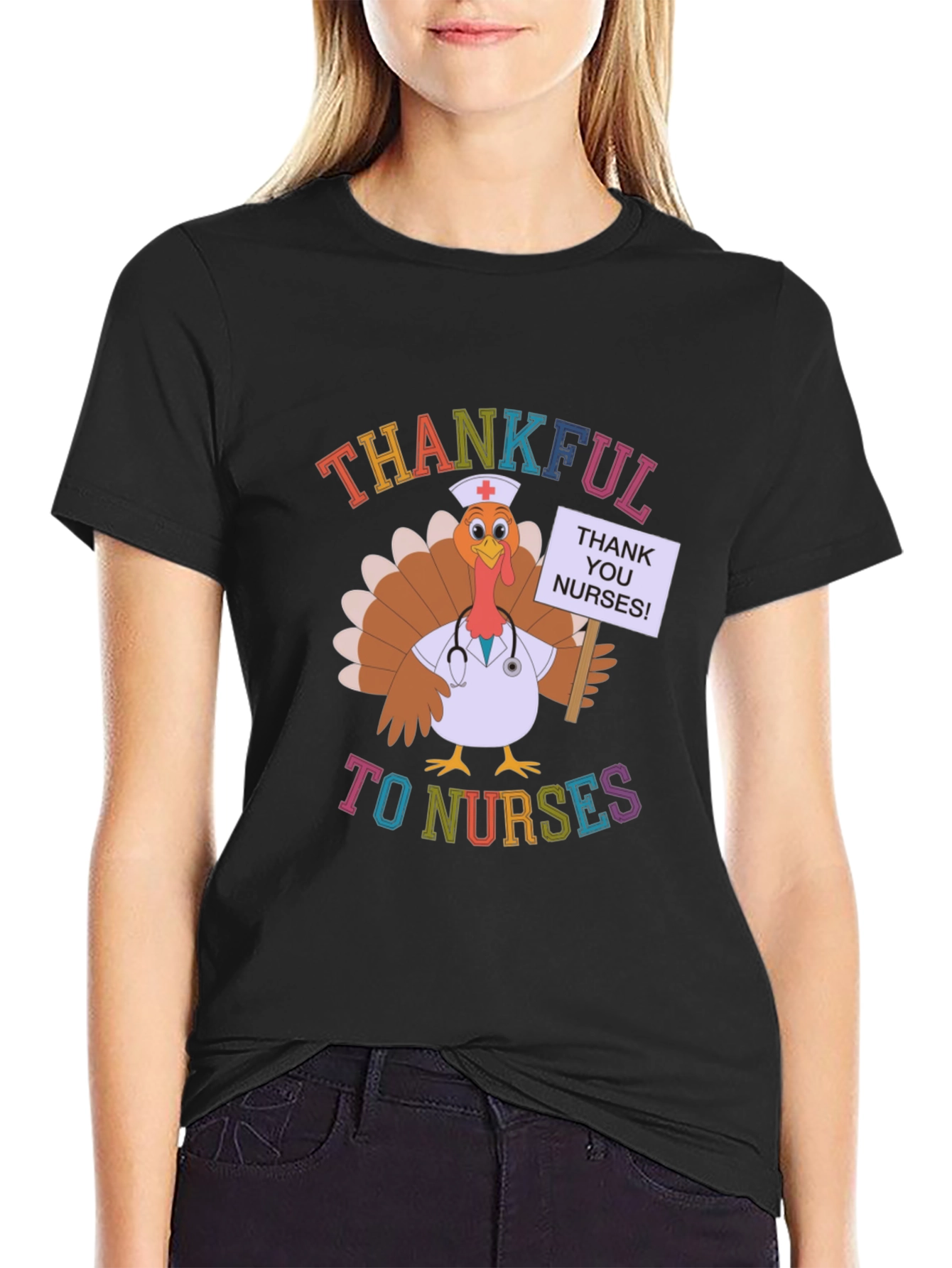 Thankful to Nurses Turkey Thanksgiving Black T-Shirt