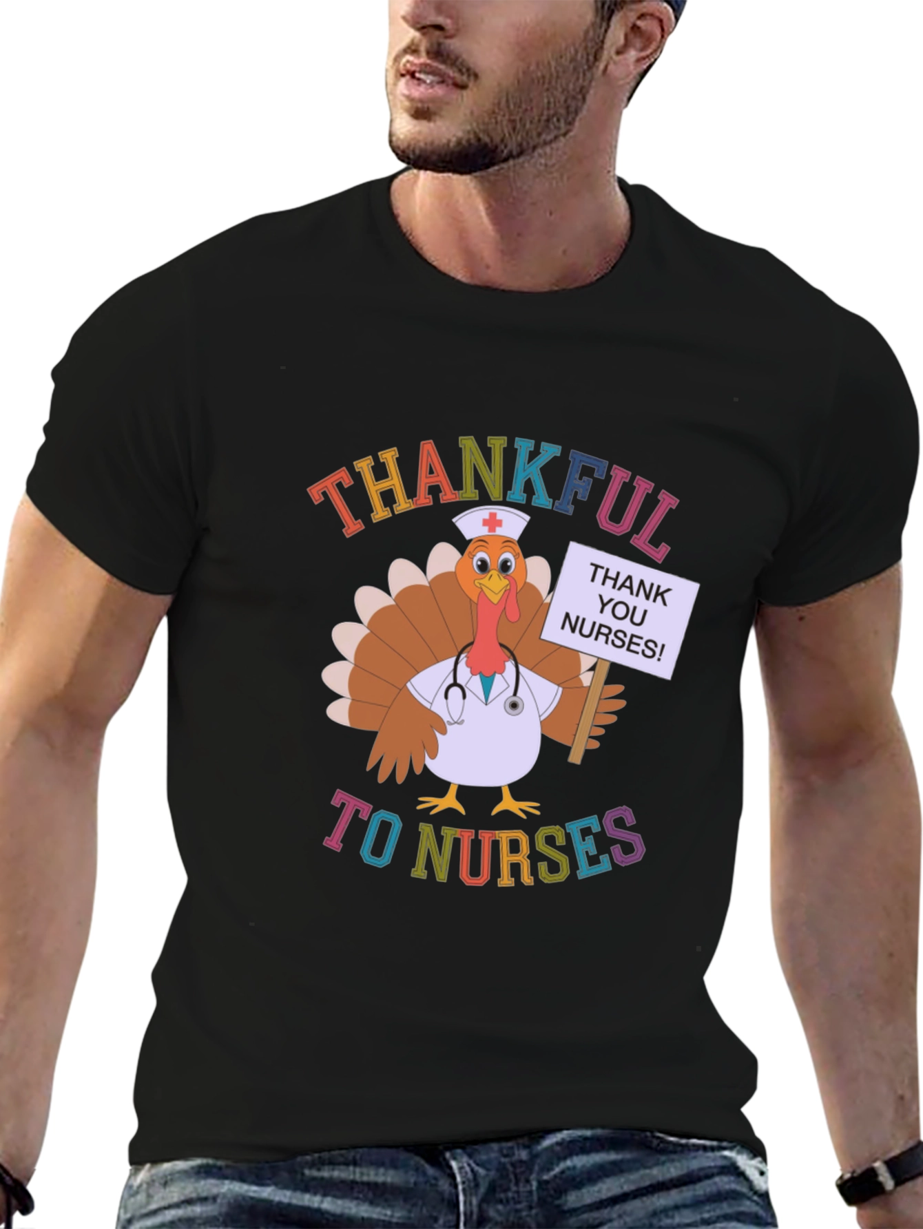 Thankful to Nurses Turkey Thanksgiving Black T-Shirt