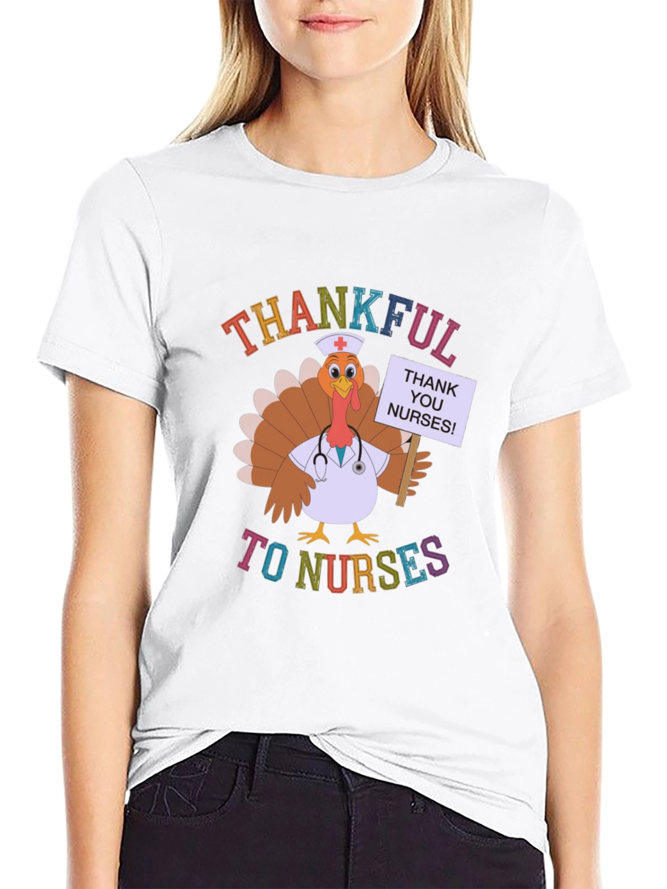 Thankful to Nurses Turkey Thanksgiving Black T-Shirt