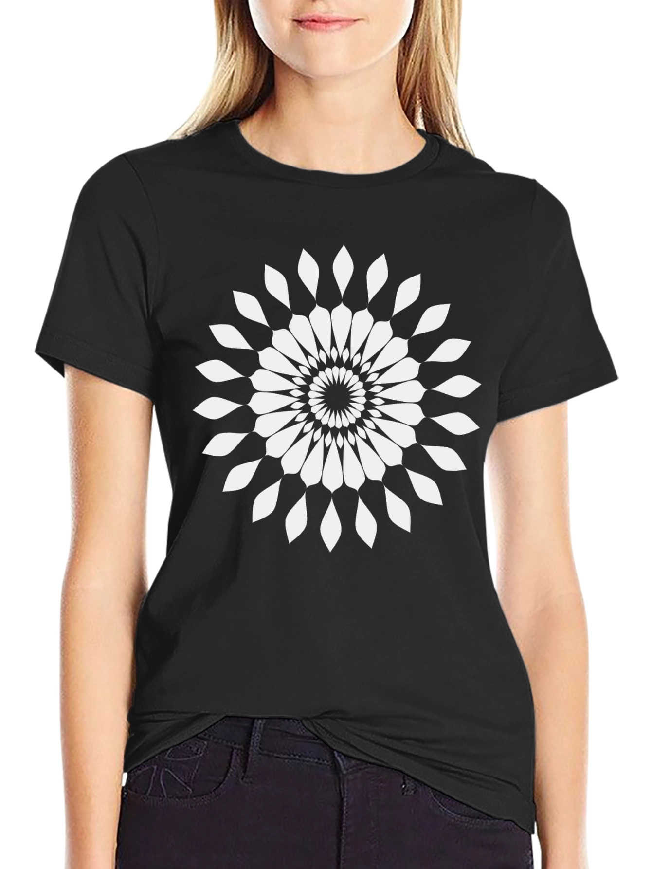 Black T-Shirt with White Geometric Floral Design