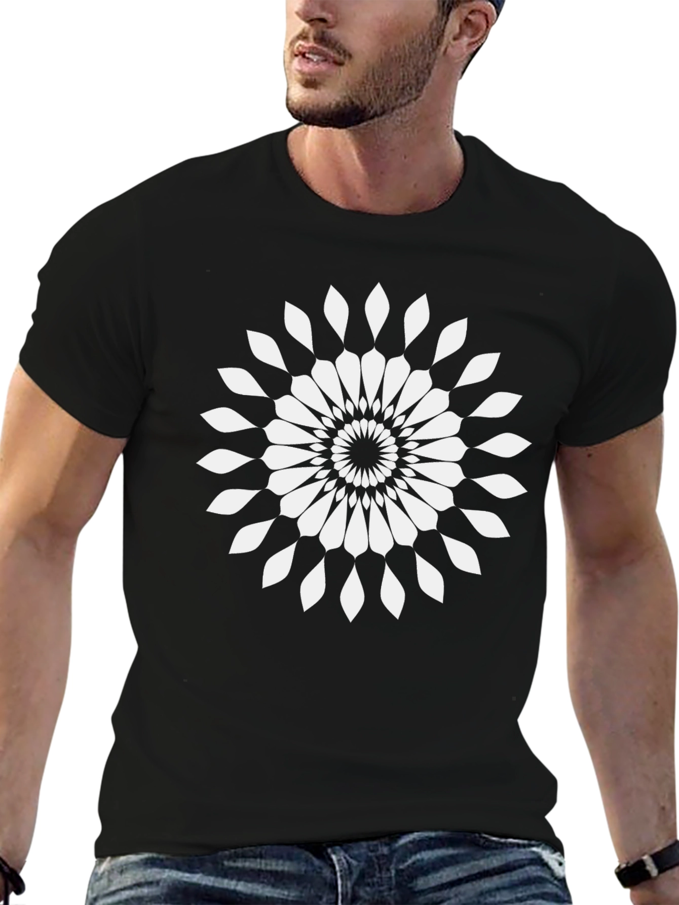 Black T-Shirt with White Geometric Floral Design
