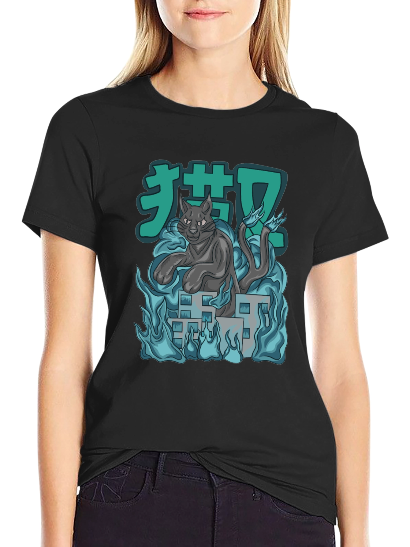 Anime Cat Black T-Shirt