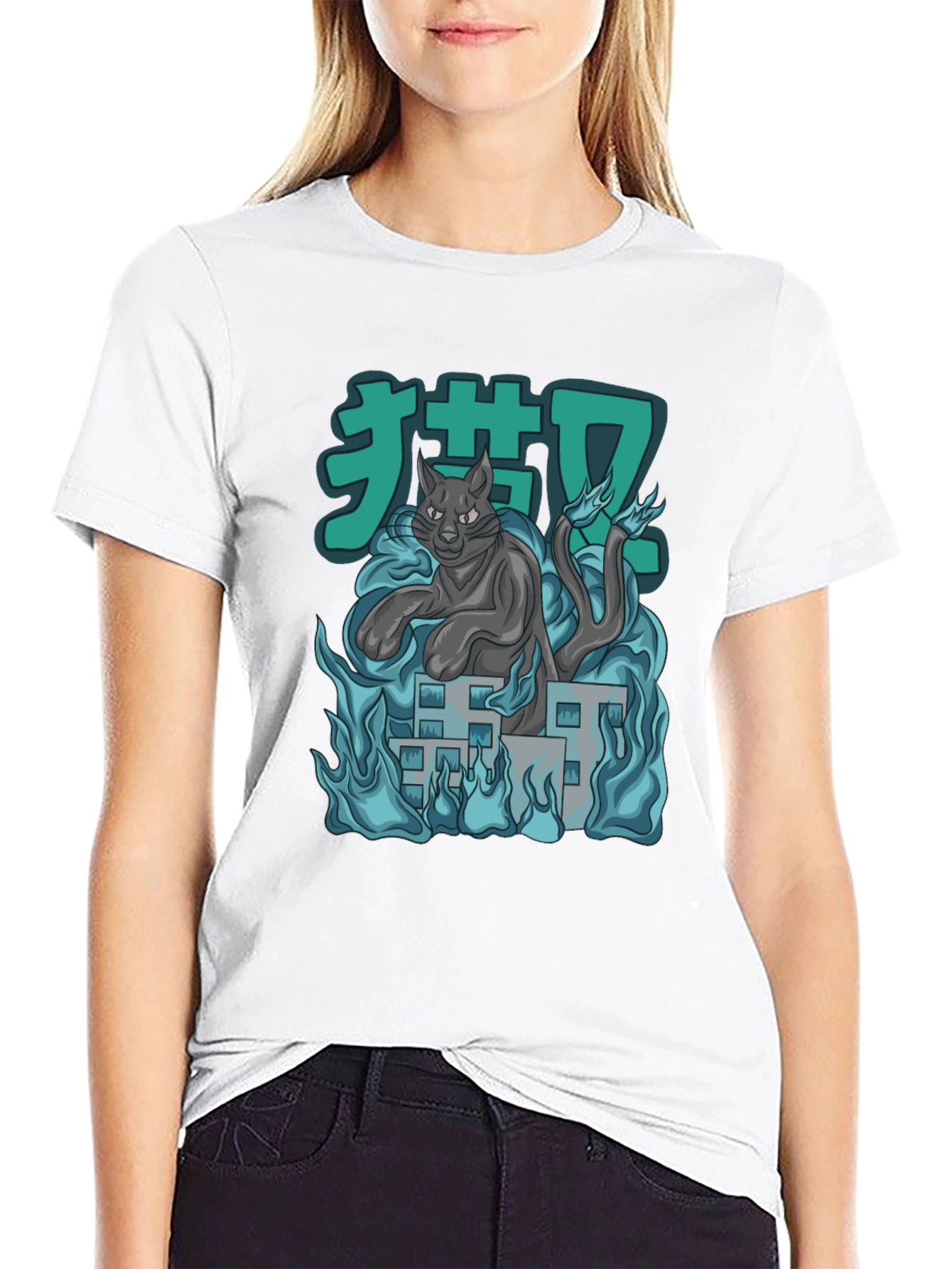Anime Cat Black T-Shirt