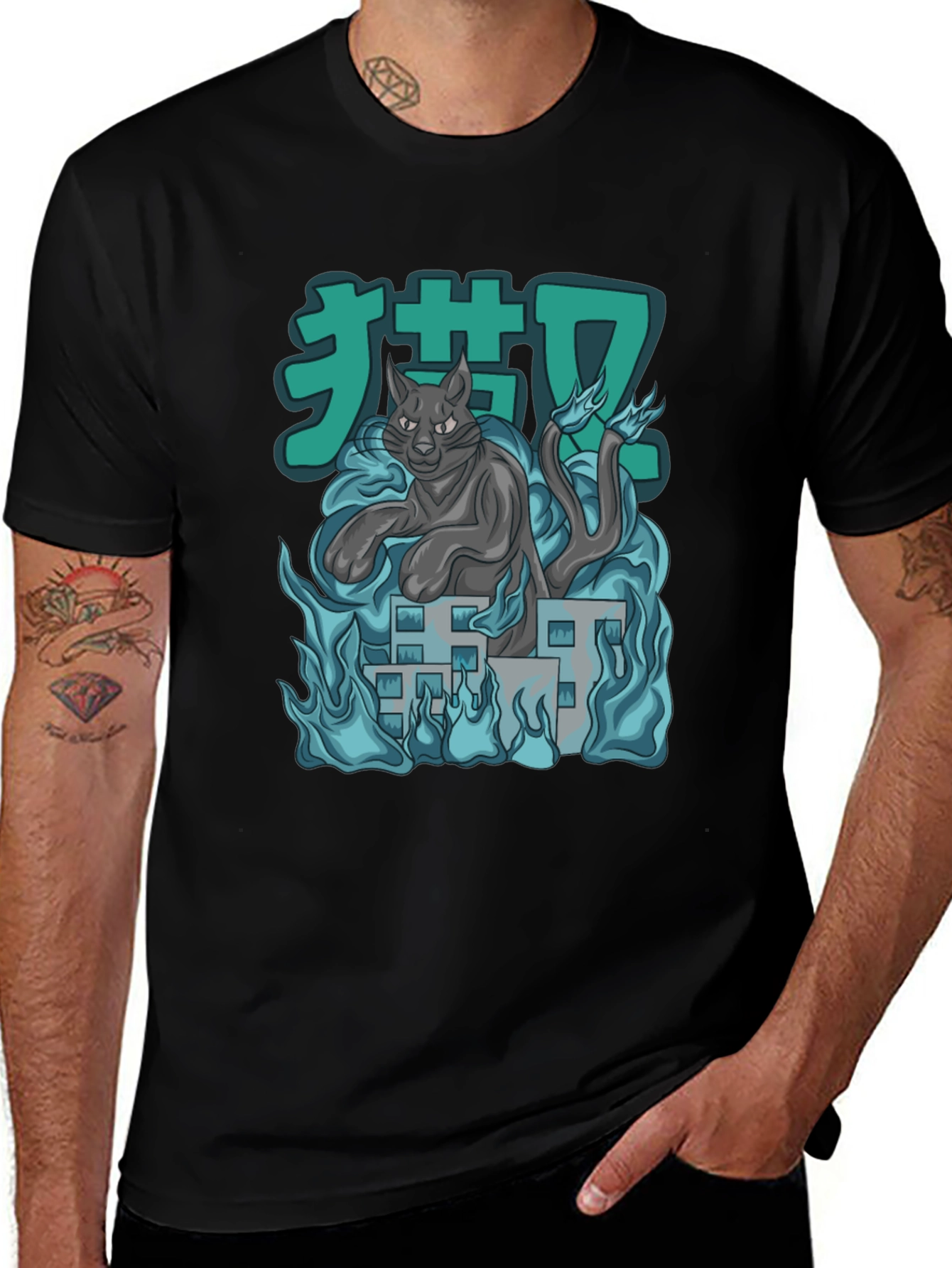 Anime Cat Black T-Shirt