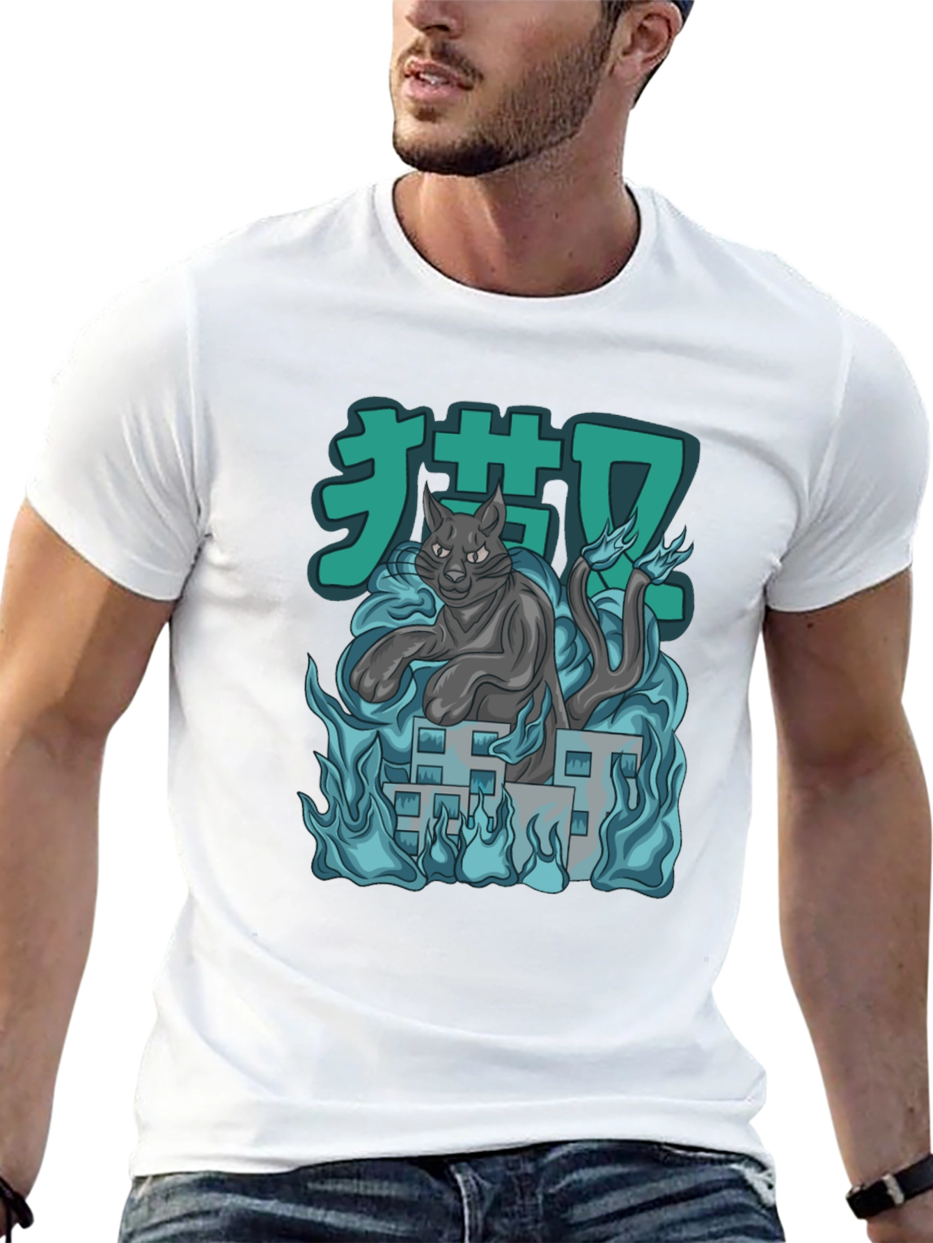 Anime Cat Black T-Shirt