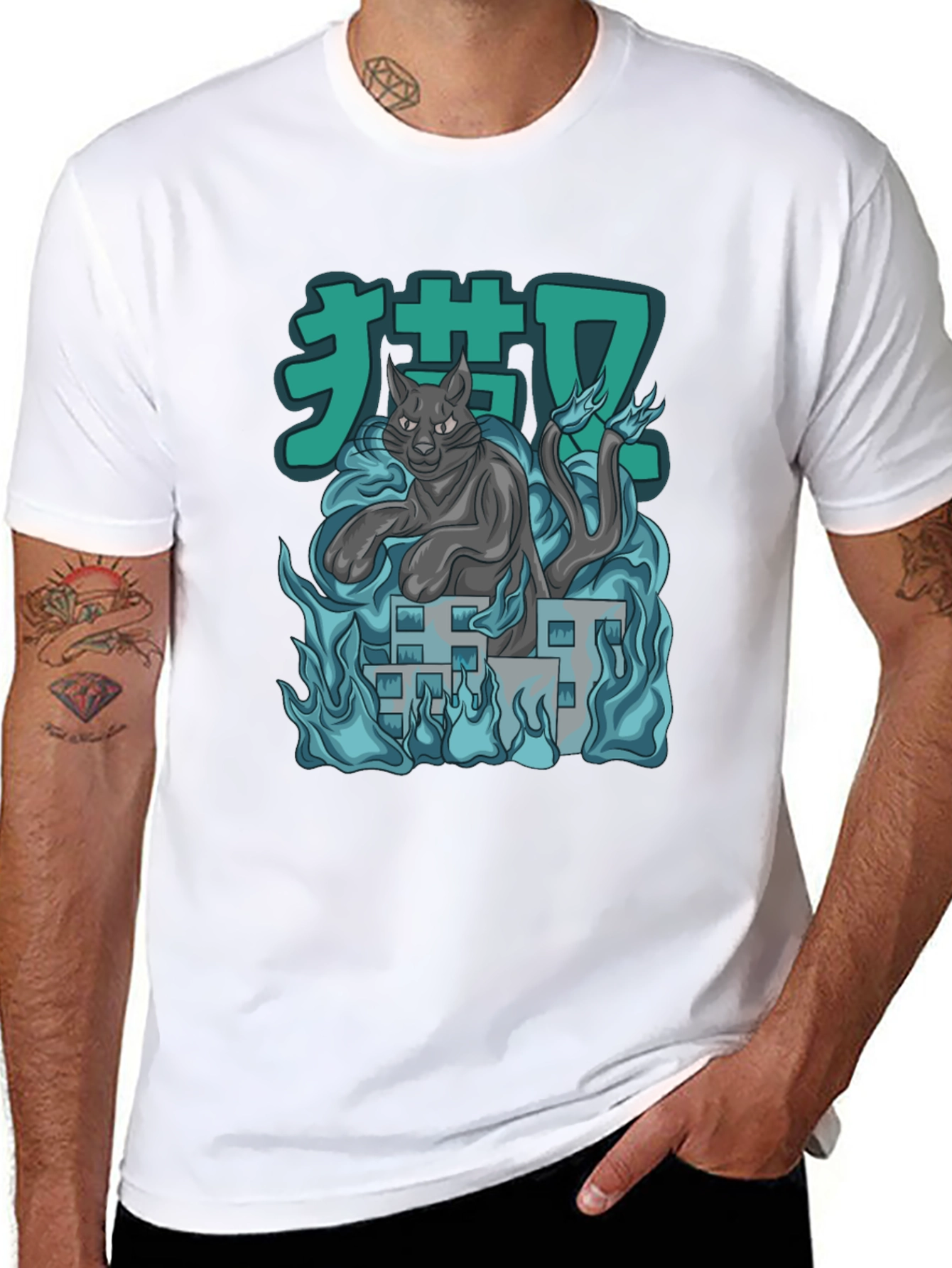 Anime Cat Black T-Shirt