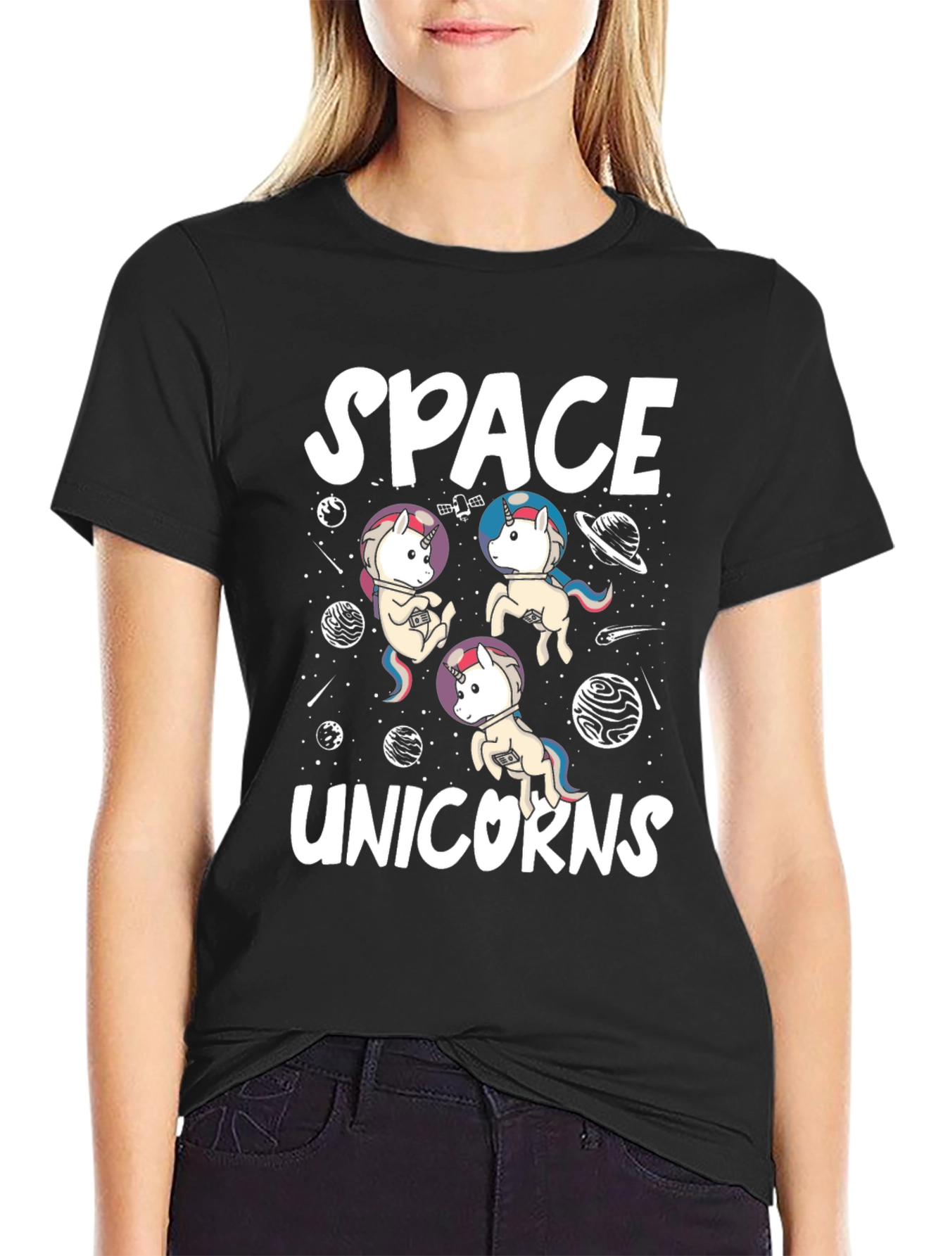 Space Unicorns Black Graphic T-Shirt