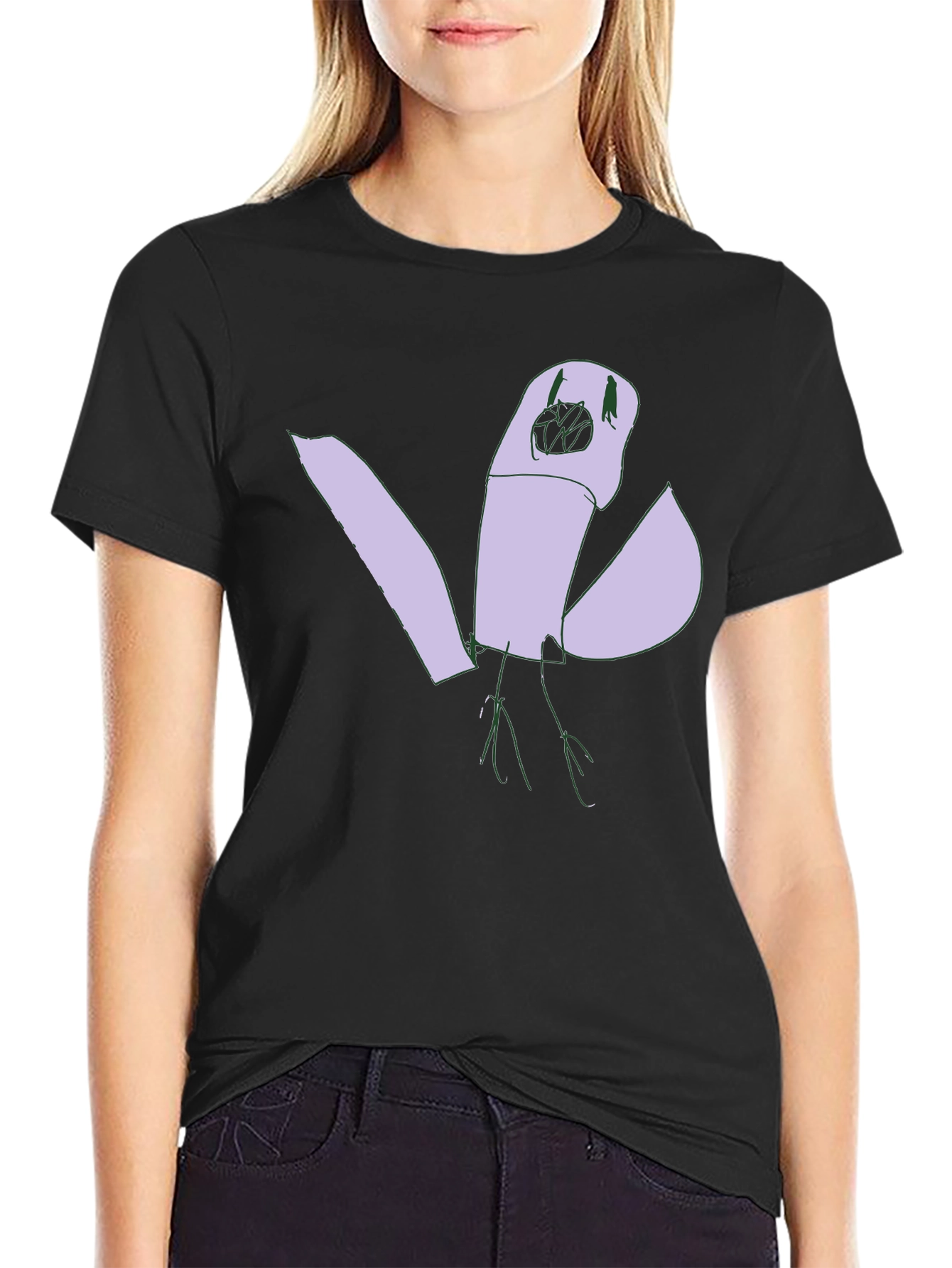 Abstract Bird Graphic Tee - Black Cotton Casual Shirt