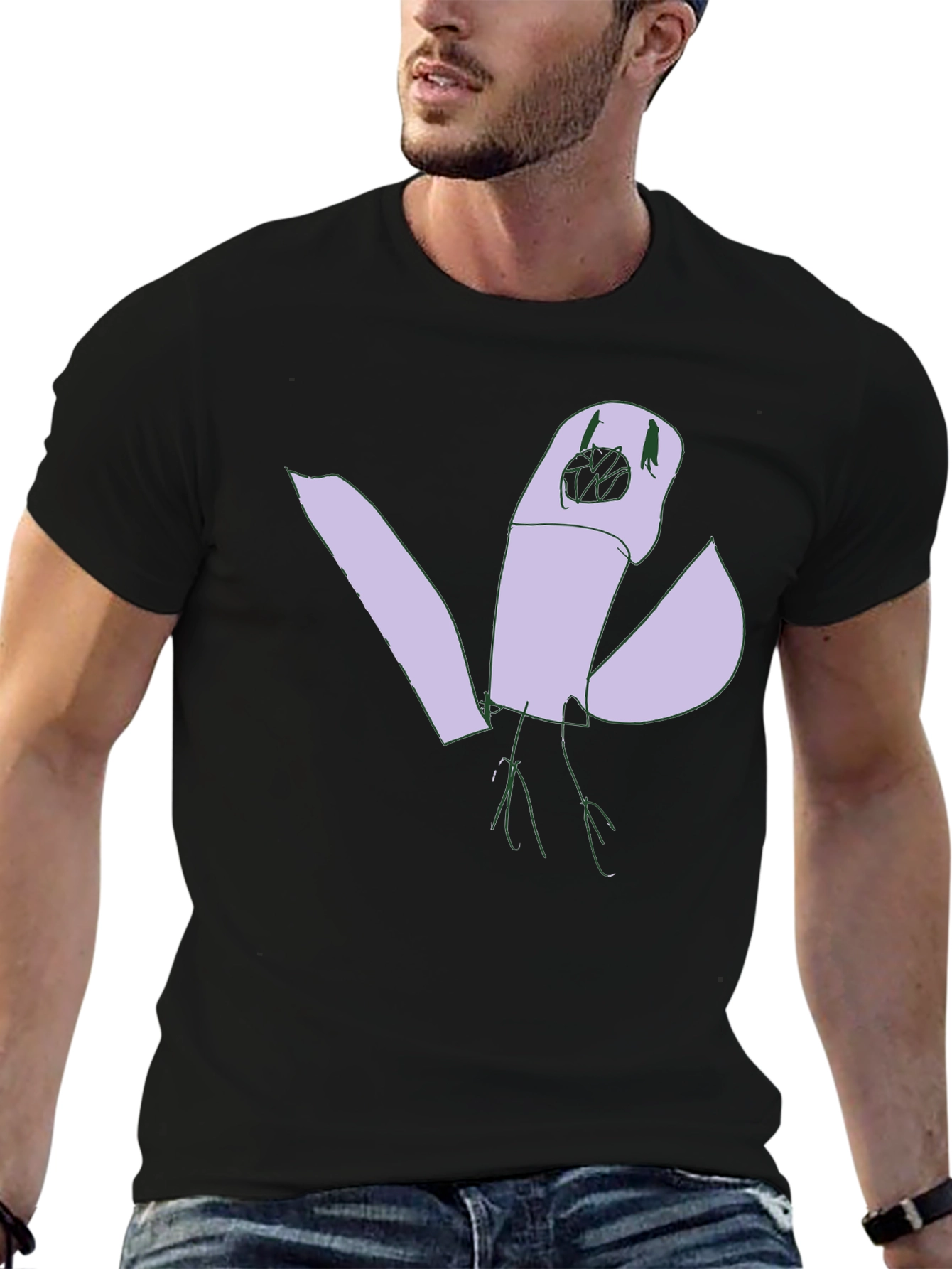 Abstract Bird Graphic Tee - Black Cotton Casual Shirt
