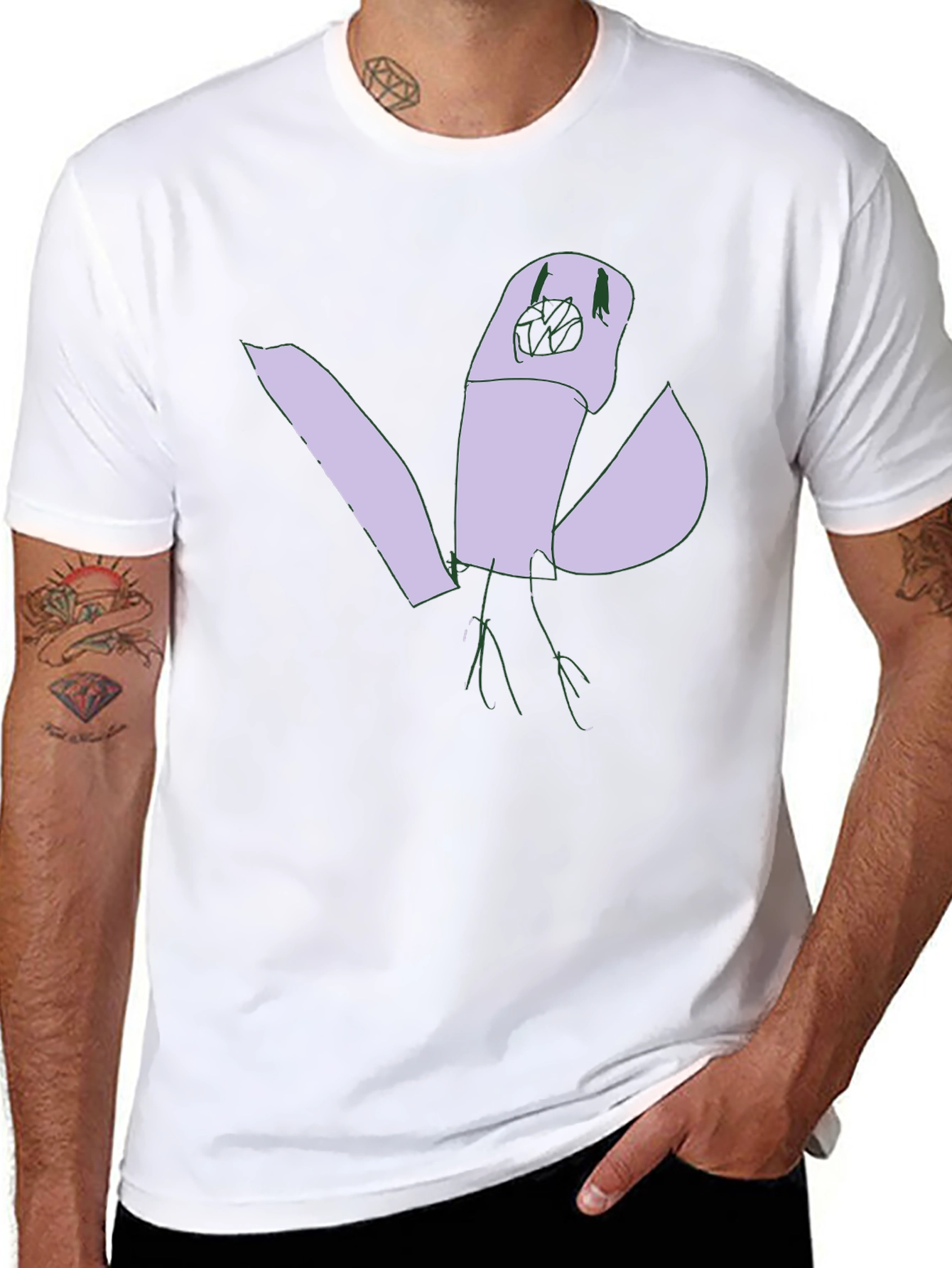 Abstract Bird Graphic Tee - Black Cotton Casual Shirt