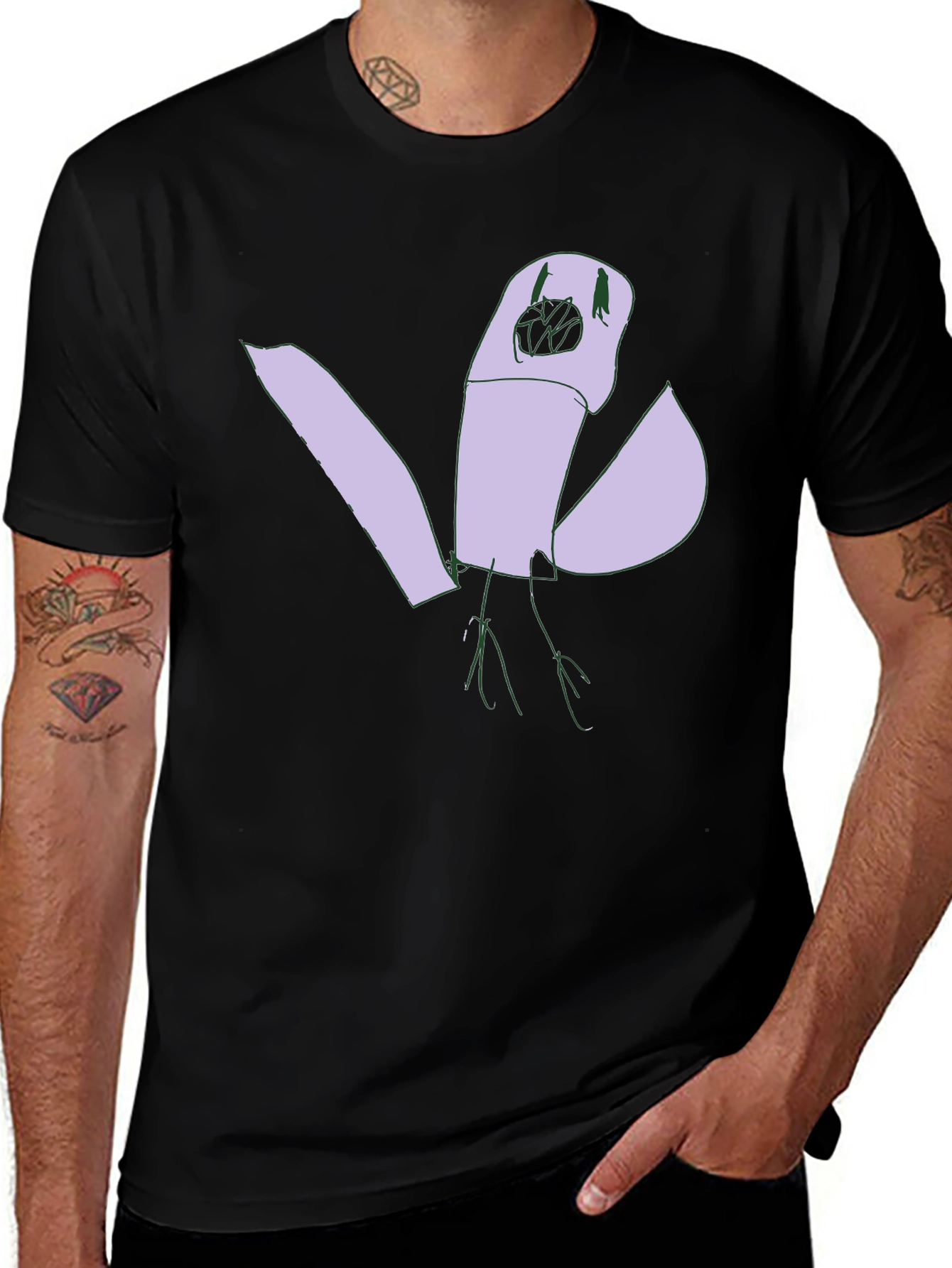 Abstract Bird Graphic Tee - Black Cotton Casual Shirt